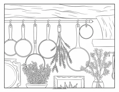 Desen de colorat cu bucătăria pentru adulți: Tigăi de fontă, plante aromatice și artă culinară atârnă pe un perete decorativ rustic