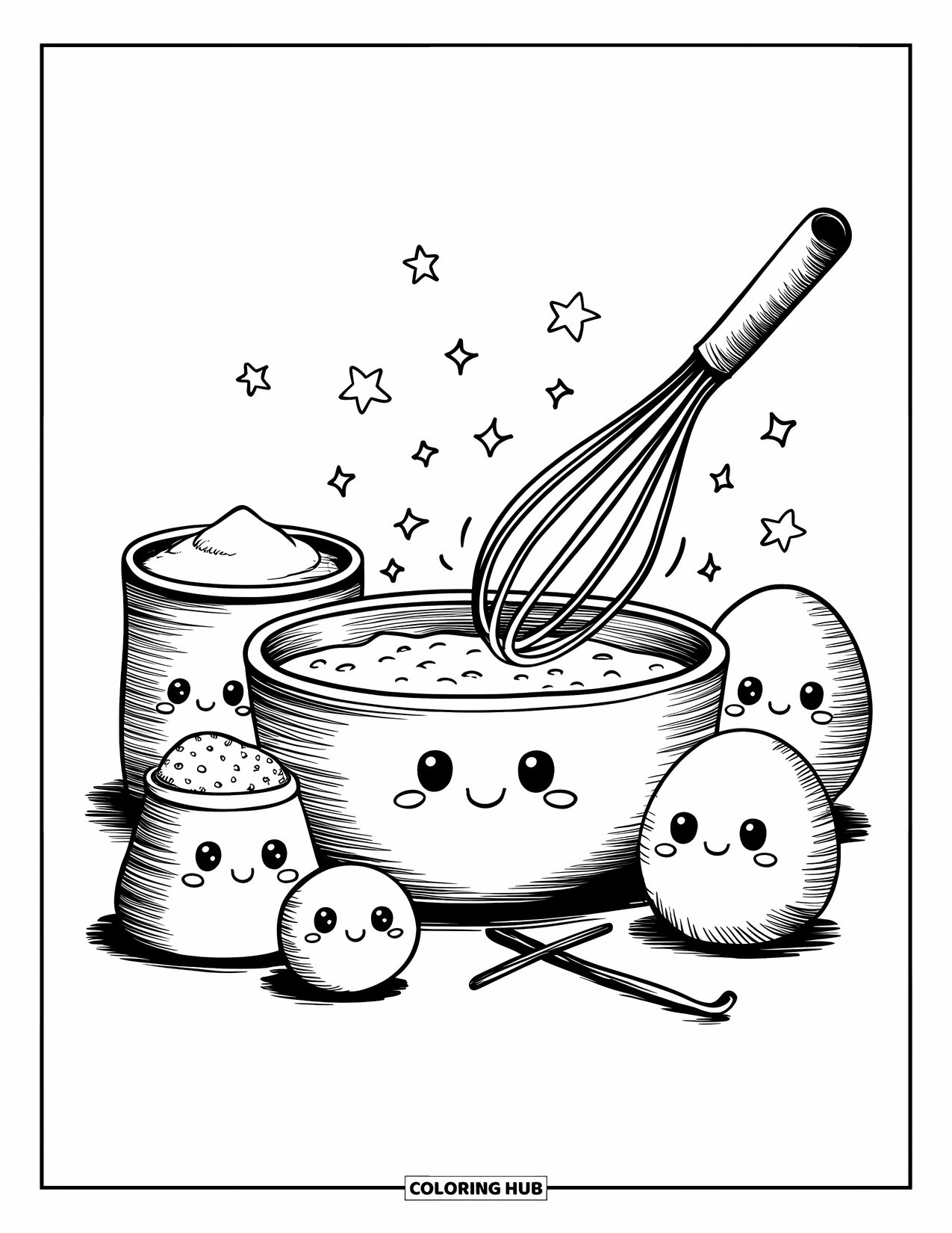 Kitchen Coloring Page for Adults: Cheerful ingredients cheer while a tiny whisk stirs a happy mixing bowl