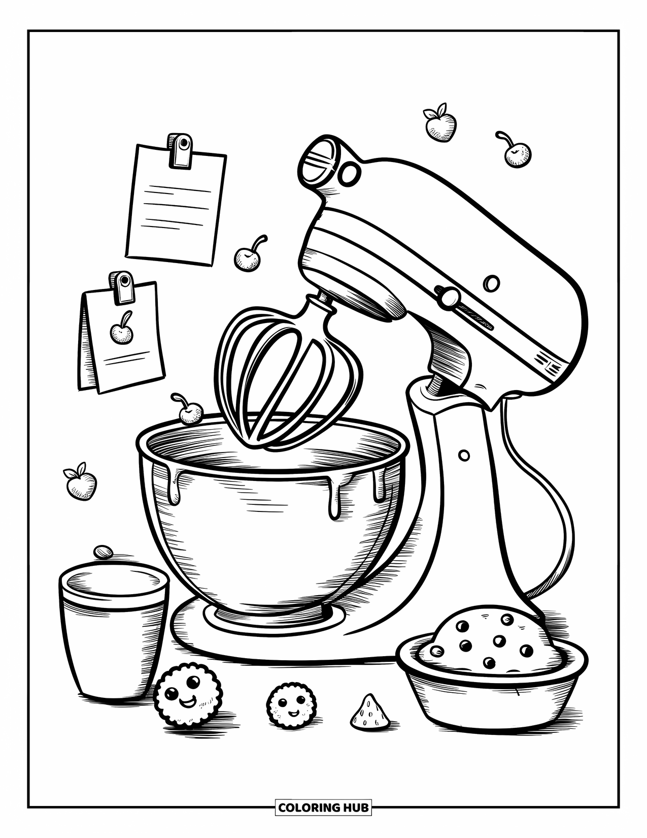 Kitchen Coloring Page for Adults: Chocolate chips hop into a spinning mixer beside cookie dough and recipe cards