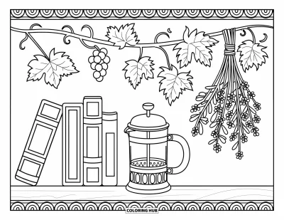 Desen de colorat cu bucătăria pentru adulți: French press, cărți stivuite și plante aromatice creează un colțișor confortabil cu viță de vie