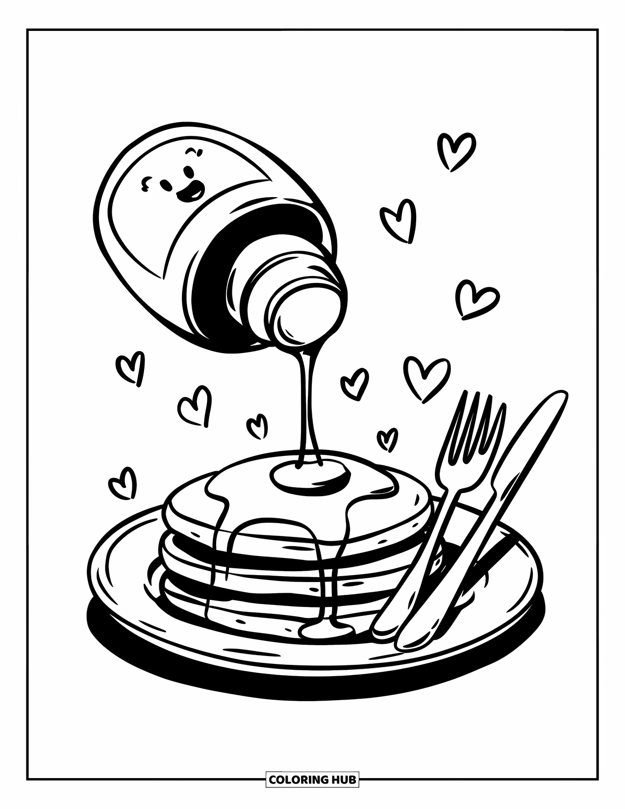 Kitchen Coloring Page for Adults: Honey gently drips over smiling pancakes with a cheerful fork and knife