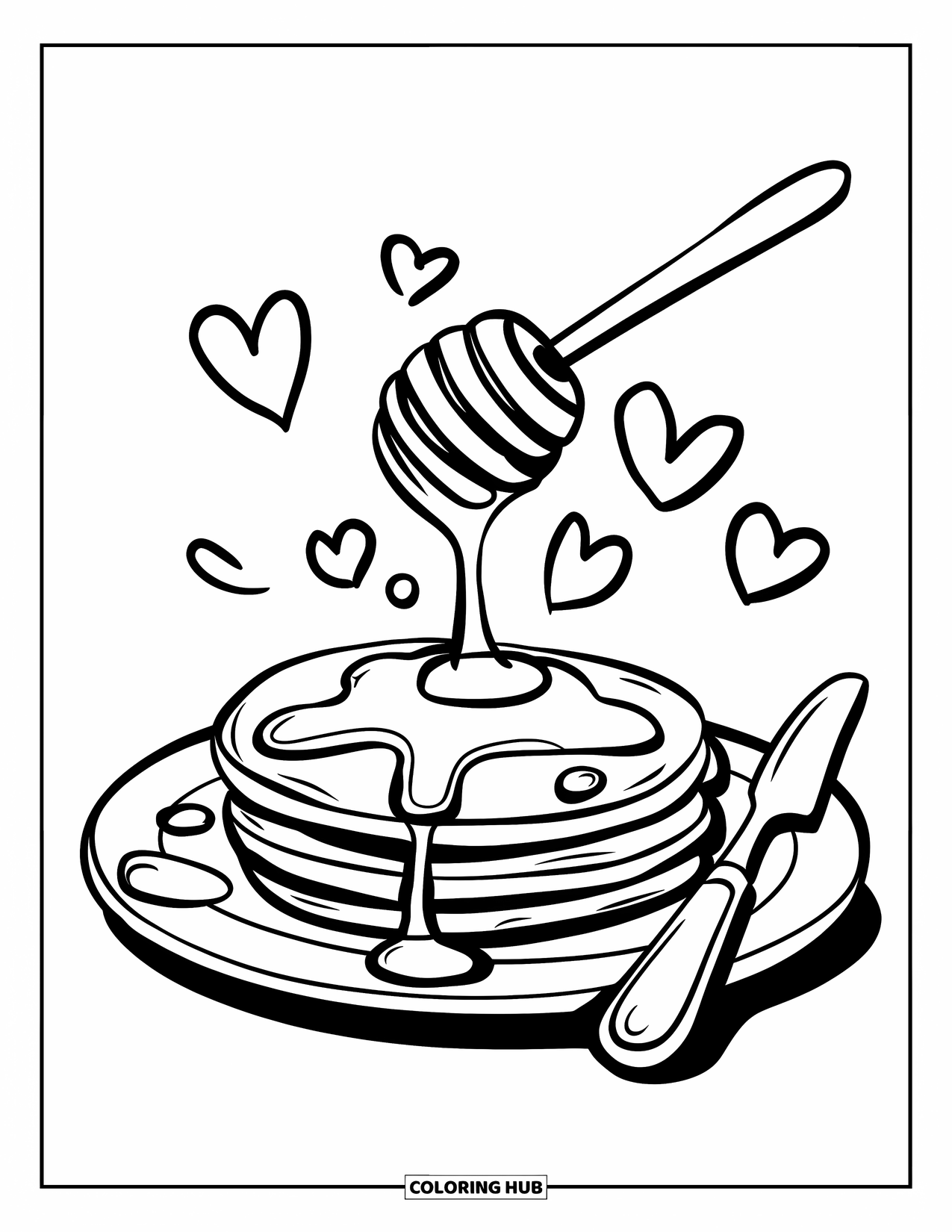Kitchen Coloring Page for Adults: Honey shyly drizzles over smiling pancakes as hearts float and utensils wait nearby