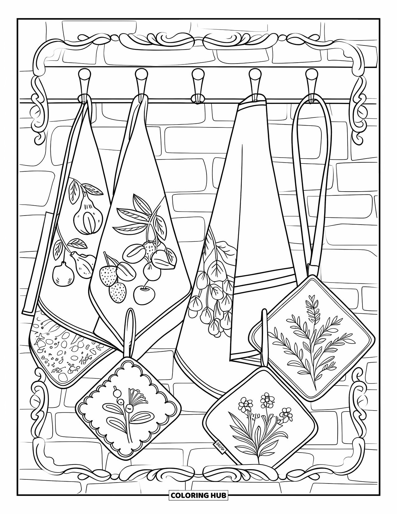 Kitchen Coloring Page for Adults: Kitchen wall features patterned towels, floral pot holders, and apron hooks with a brick backdrop