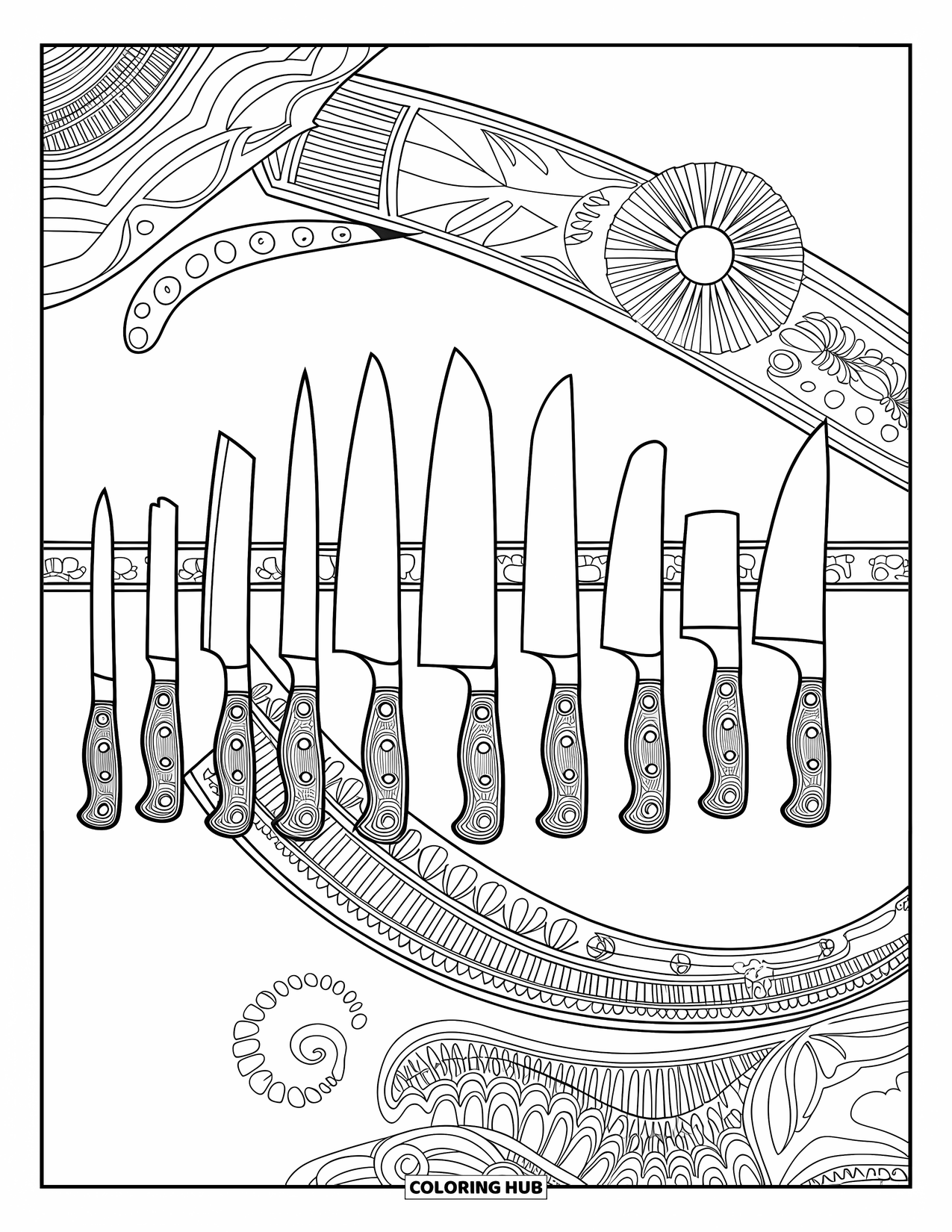 Kitchen Coloring Page for Adults: Knives, cleavers, and sharpeners hang neatly on a chef's rack with decorative details
