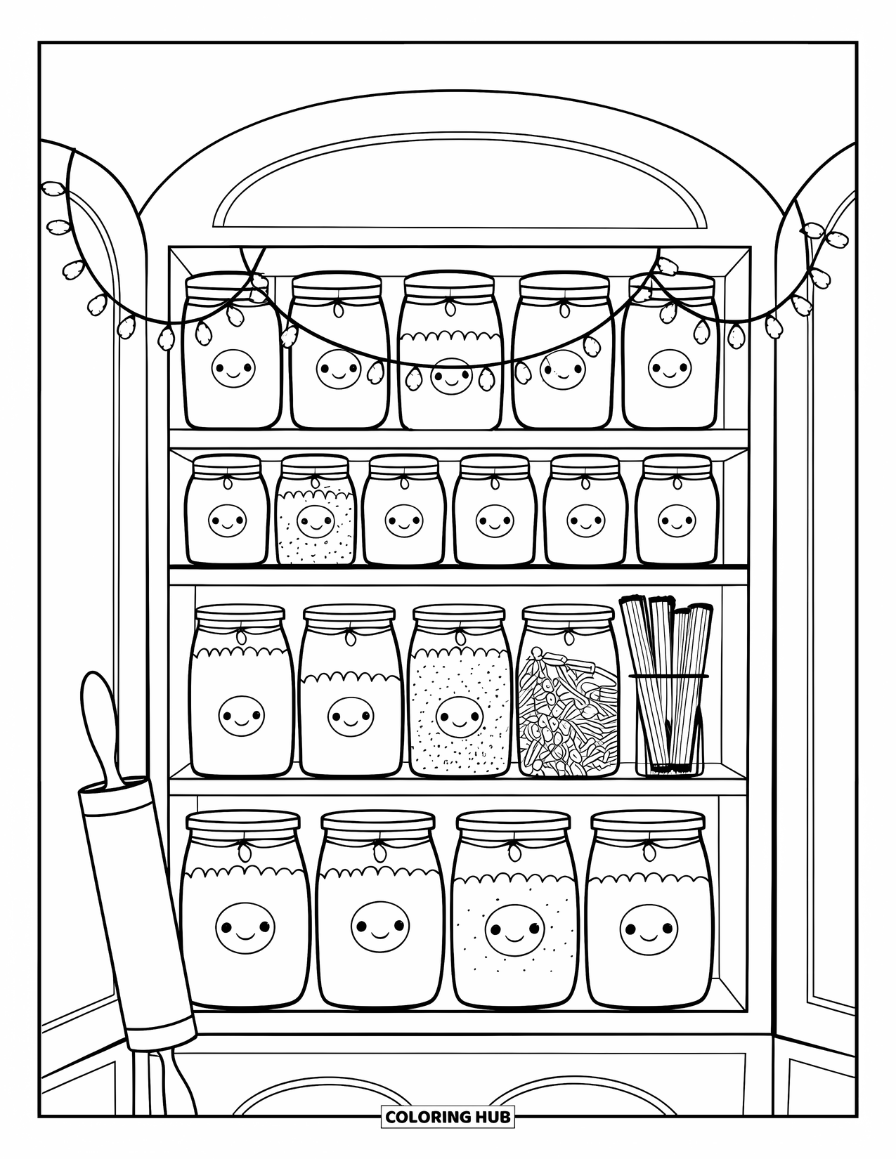 Kitchen Coloring Page for Adults: Neatly arranged jars smile from an open cabinet with fairy lights above