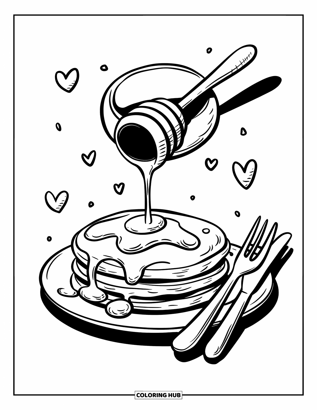 Kitchen Coloring Page for Adults: Pancakes smile as syrup drizzles down and utensils wait happily