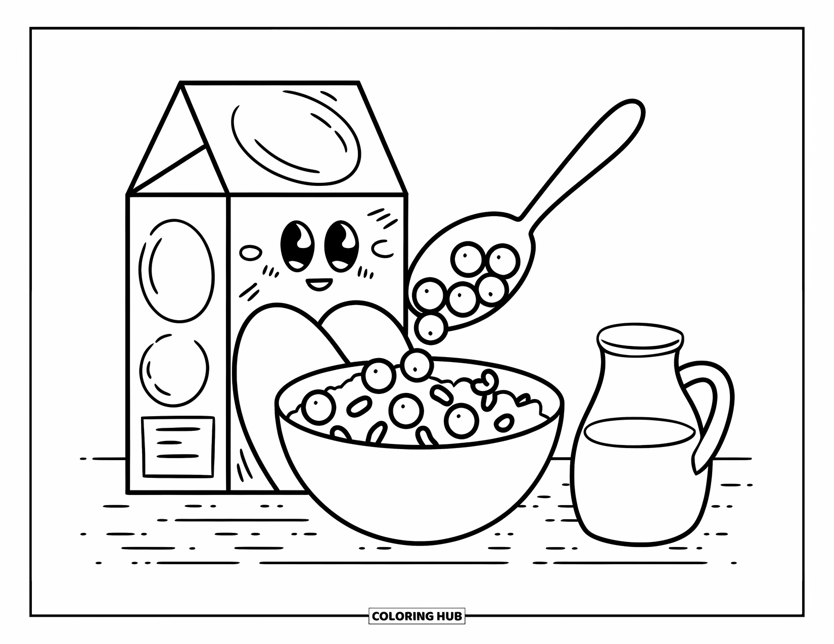Kitchen Coloring Page for Adults: Smiling cereal bowl fills up as a spoon floats and milk jug waves nearby
