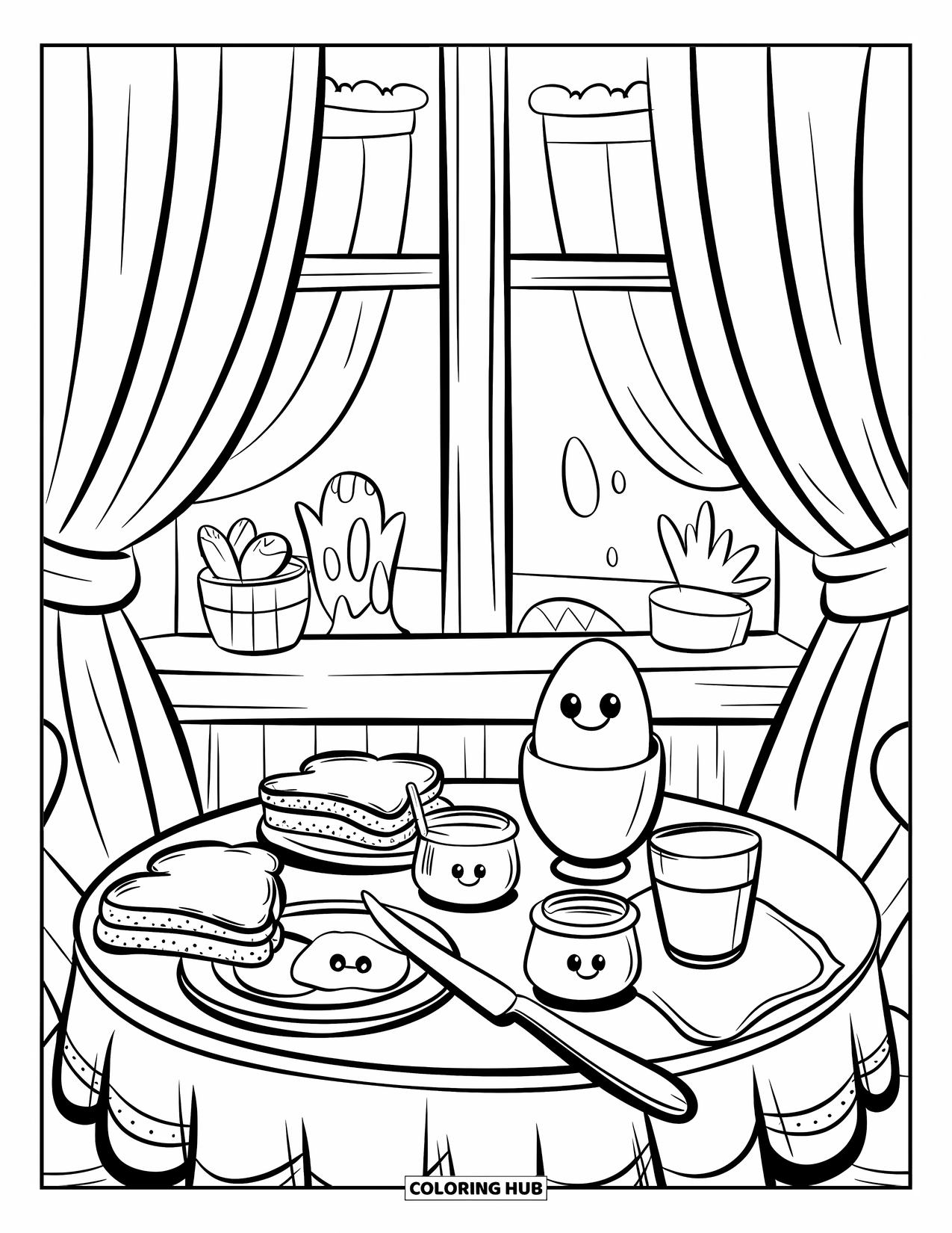 Kitchen Coloring Page for Adults: Smiling egg, toast, and jam sit on a round table by soft curtained windows