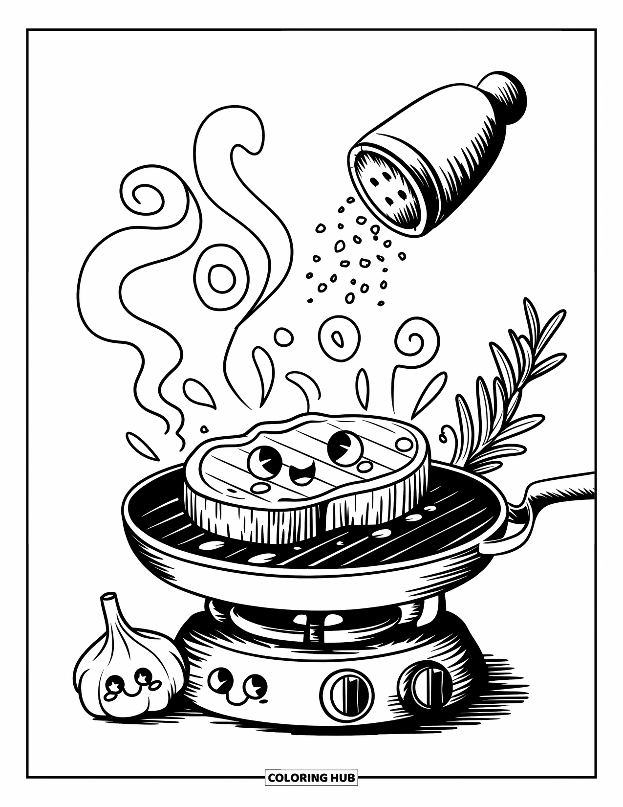 Kitchen Coloring Page for Adults: Smiling garlic and rosemary watch a steak sizzle with steam and a happy salt shaker