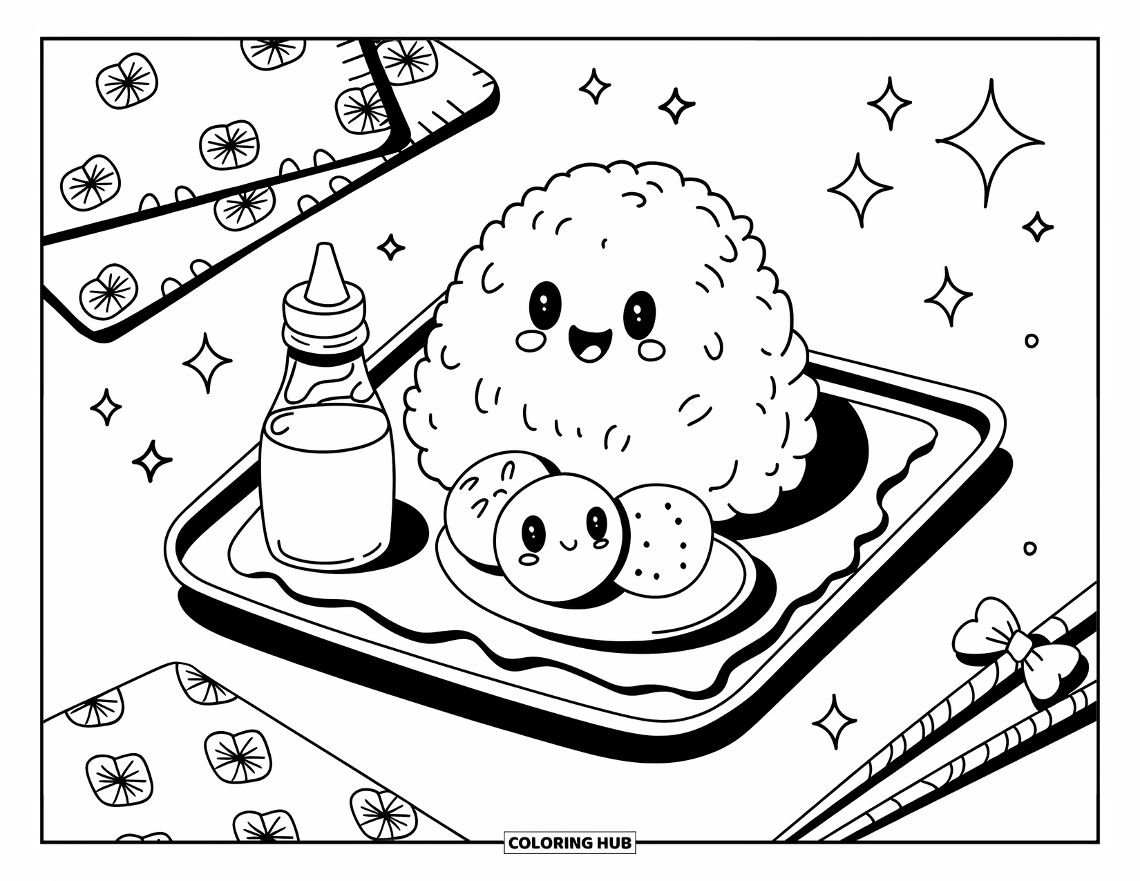 Kitchen Coloring Page for Adults: Smiling onigiri rests on a tray with sparkles, napkins, and happy veggies