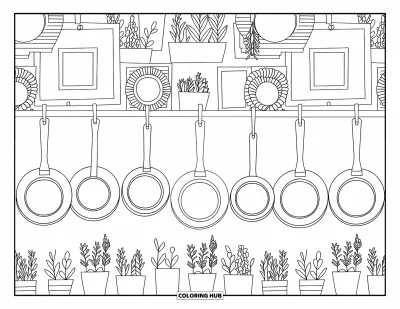 Desen de colorat cu bucătăria pentru adulți: Diverse tigăi și plante aromatice atârnă lângă tablouri de bucătărie înrămate pe un perete texturat
