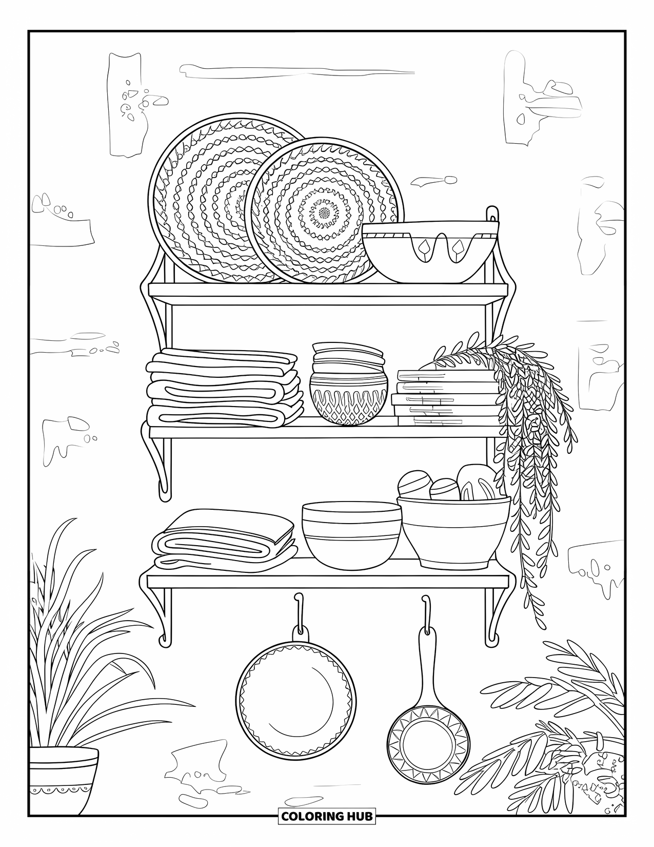 Kitchen Coloring Page for Adults: Woven baskets and ceramic bowls sit neatly on a wall-mounted shelf with plants nearby