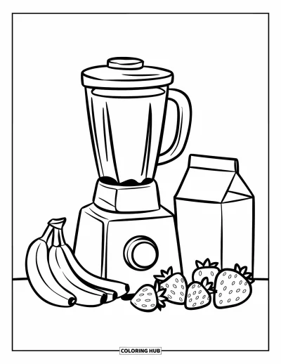 Desen de colorat cu bucătăria pentru copii: Un blender funcționând lângă banane, căpșune și un carton de lapte pe blat