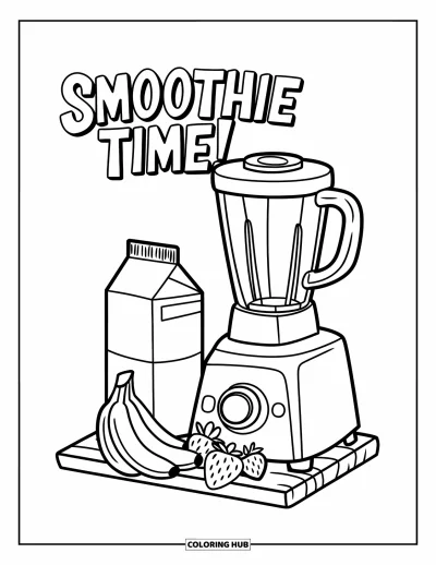 Desen de colorat cu bucătăria pentru copii: Un blender funcționând lângă fructe și lapte cu textul "Smoothie Time!" deasupra