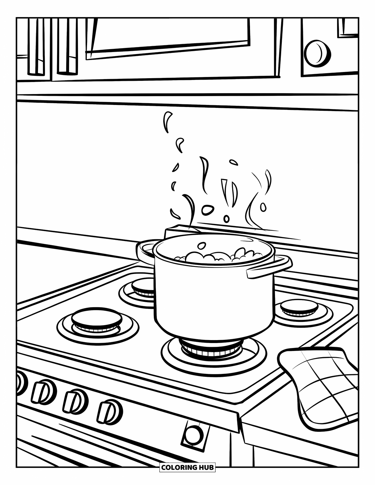 Kitchen Coloring Page for Kids: A bubbling pot steams on the stovetop with an oven mitt nearby
