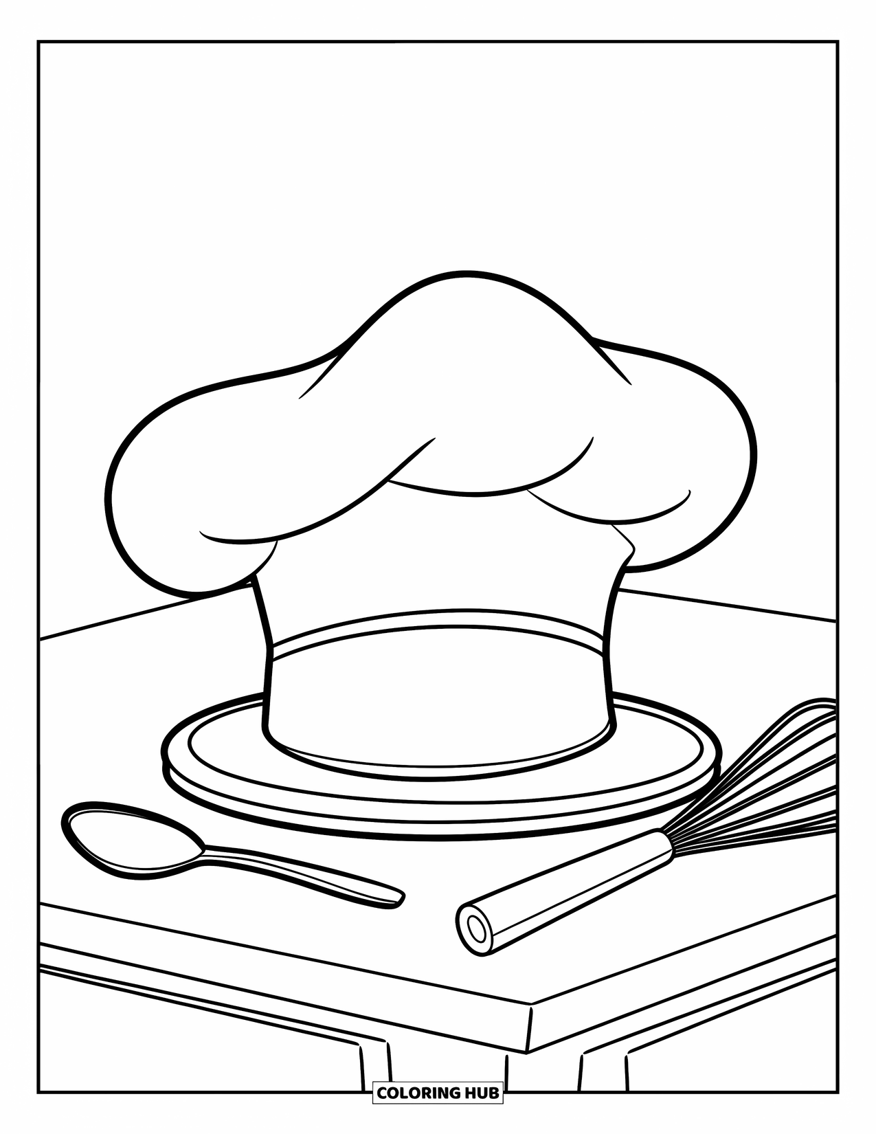Kitchen Coloring Page for Kids: A cheerful chef hat sits on a counter with kitchen tools nearby