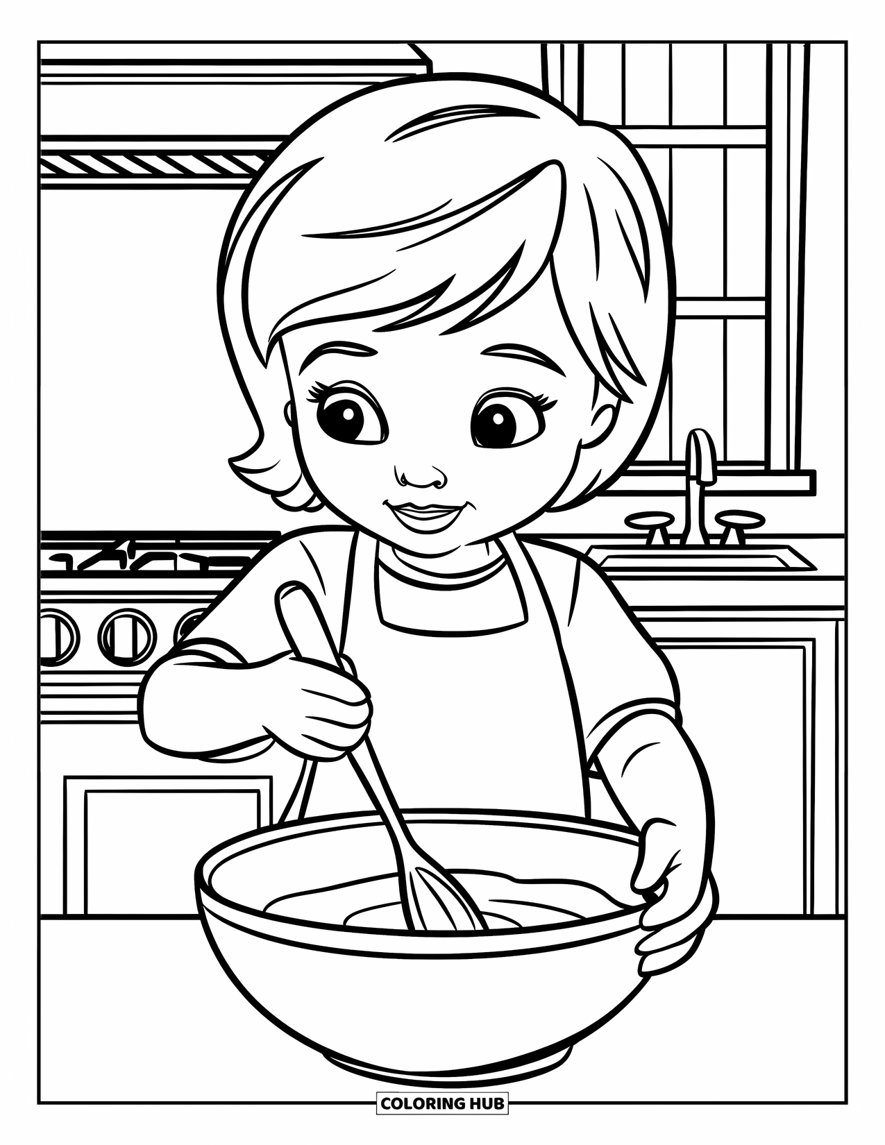 Kitchen Coloring Page for Kids: A child in an apron stirs batter in a bowl with focus