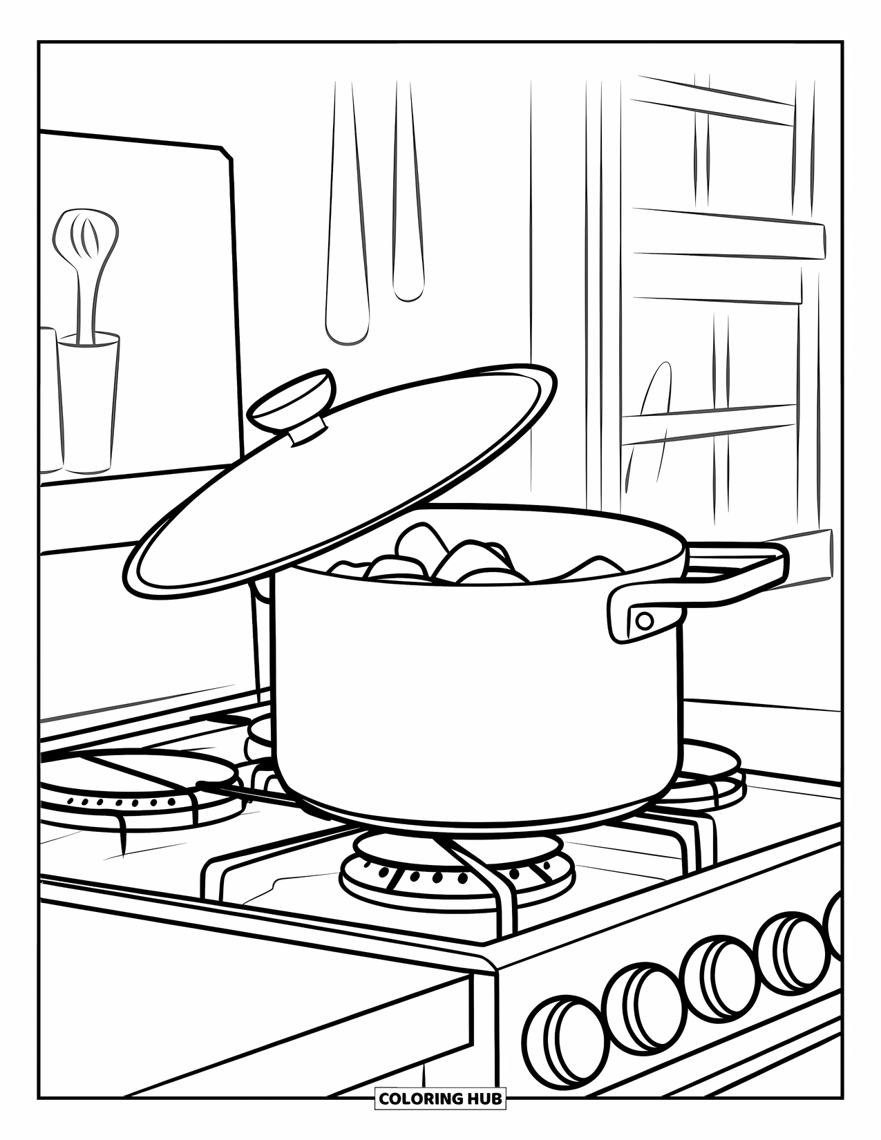 Kitchen Coloring Page for Kids: A cooking pot with a tilted lid steams on a stove under a kitchen window