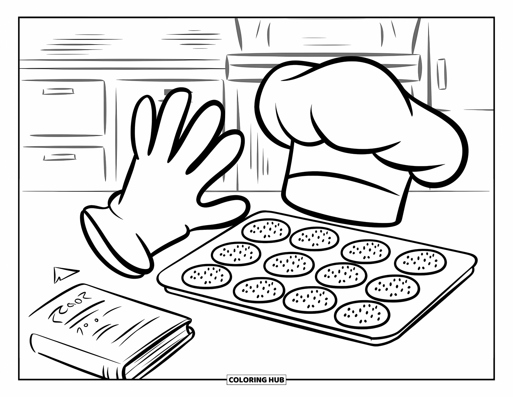 Kitchen Coloring Page for Kids: A glove mitt, cookie tray, and recipe book lie in a cozy kitchen
