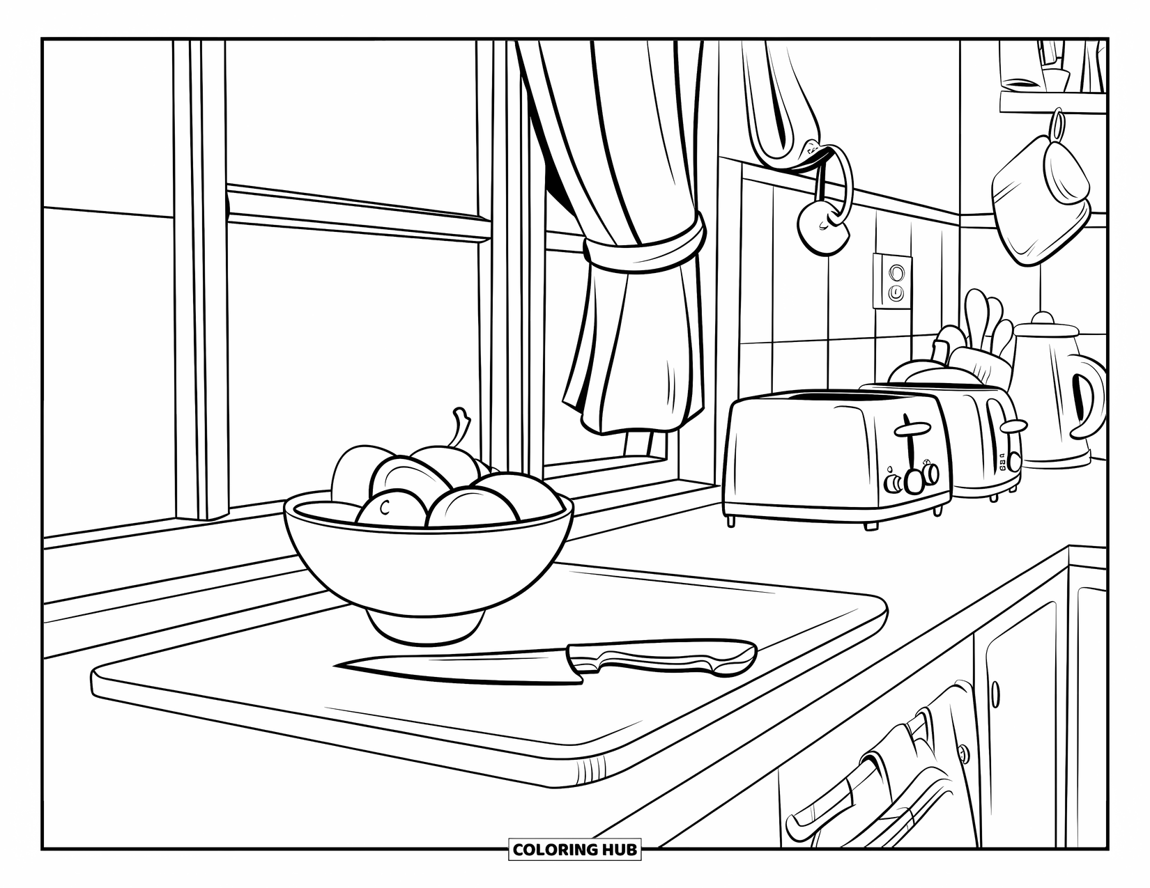 Kitchen Coloring Page for Kids: A kitchen counter displays fruit, a knife, and appliances beside a curtained window