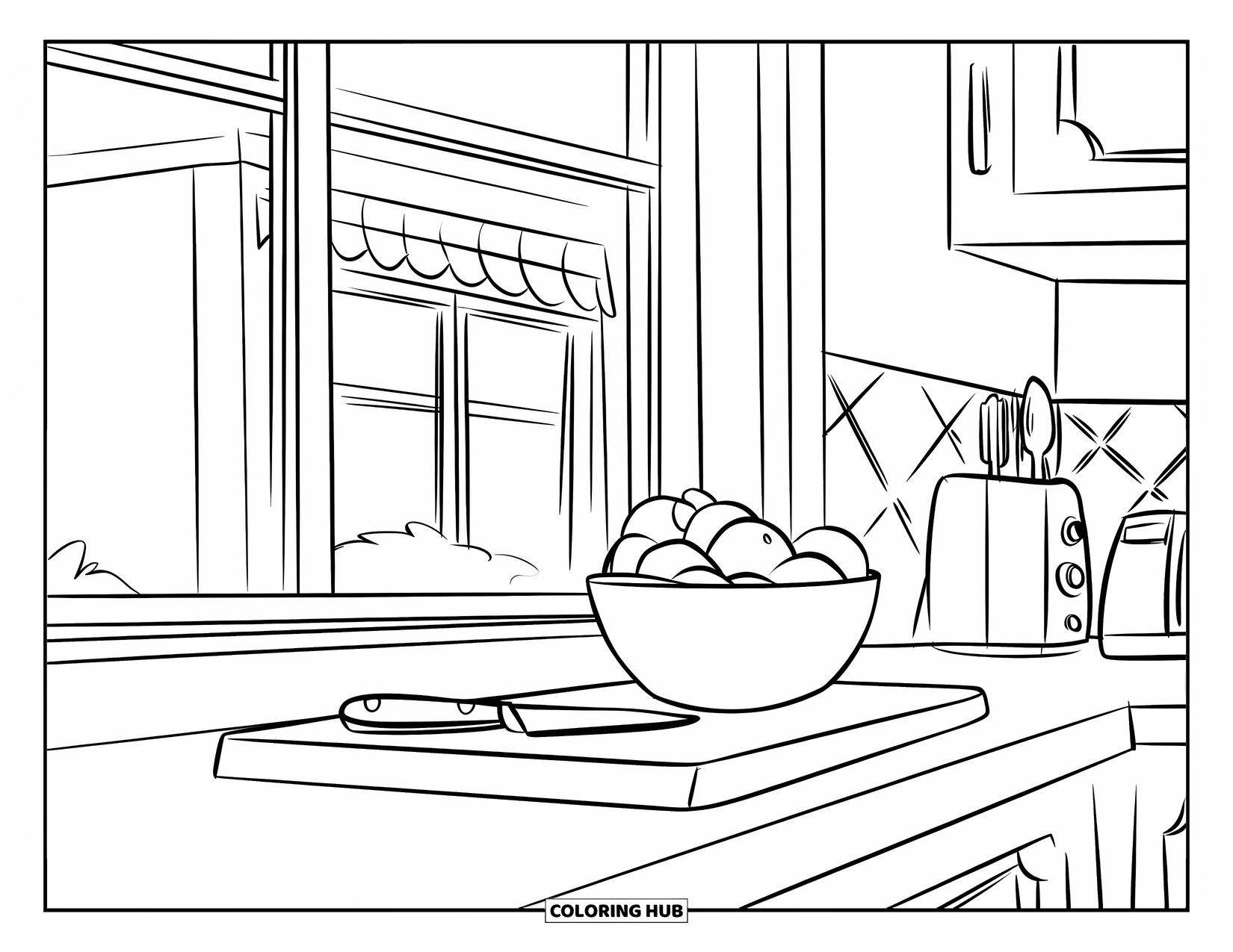 Kitchen Coloring Page for Kids: A knife rests on a cutting board beside fruit on a kitchen counter near a window