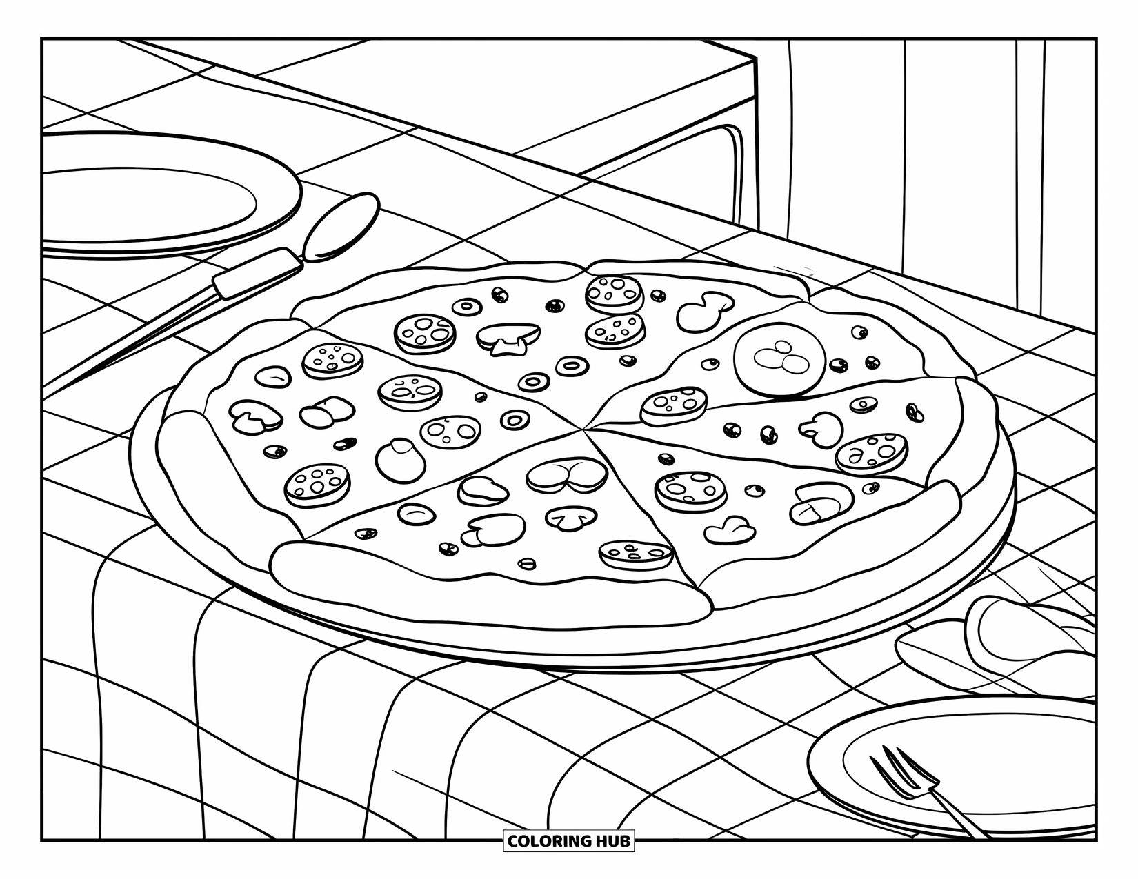 Kitchen Coloring Page for Kids: A large pizza with toppings and utensils is arranged on a checkered tablecloth
