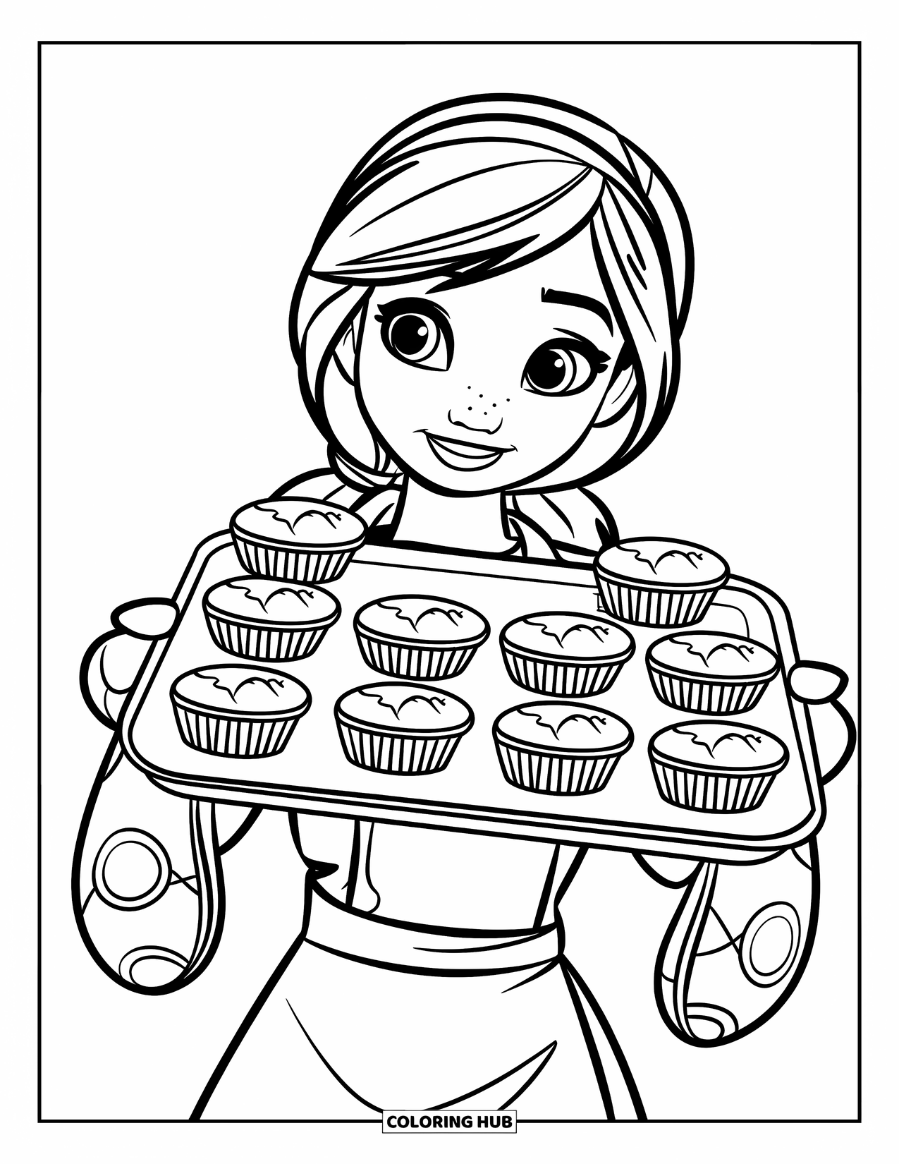 Kitchen Coloring Page for Kids: A proud teen with oven mitts presents a tray of muffins and a big smile