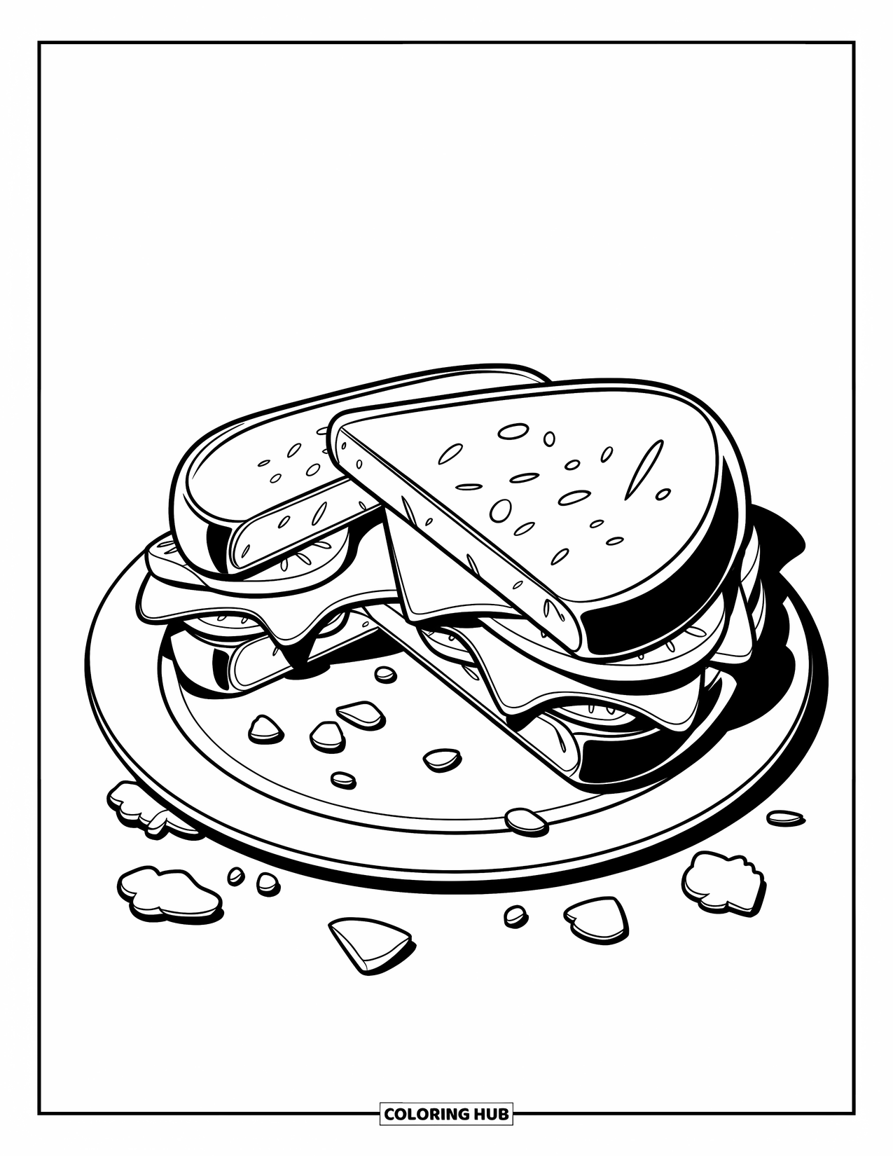 Kitchen Coloring Page for Kids: A sandwich with cheese and tomato sits halved on a plate with crumbs
