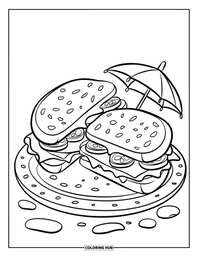 Desen de colorat cu bucătăria pentru copii: Un sandwich cu castraveți murați și brânză stă tăiat pe jumătate pe o farfurie cu firimituri