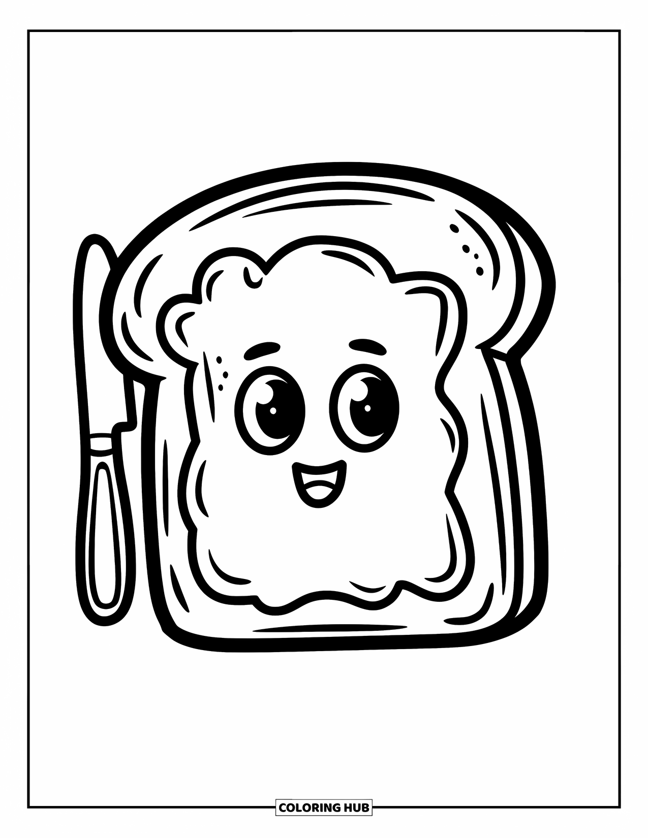 Kitchen Coloring Page for Kids: A slice of bread with jam smiles beside a butter knife