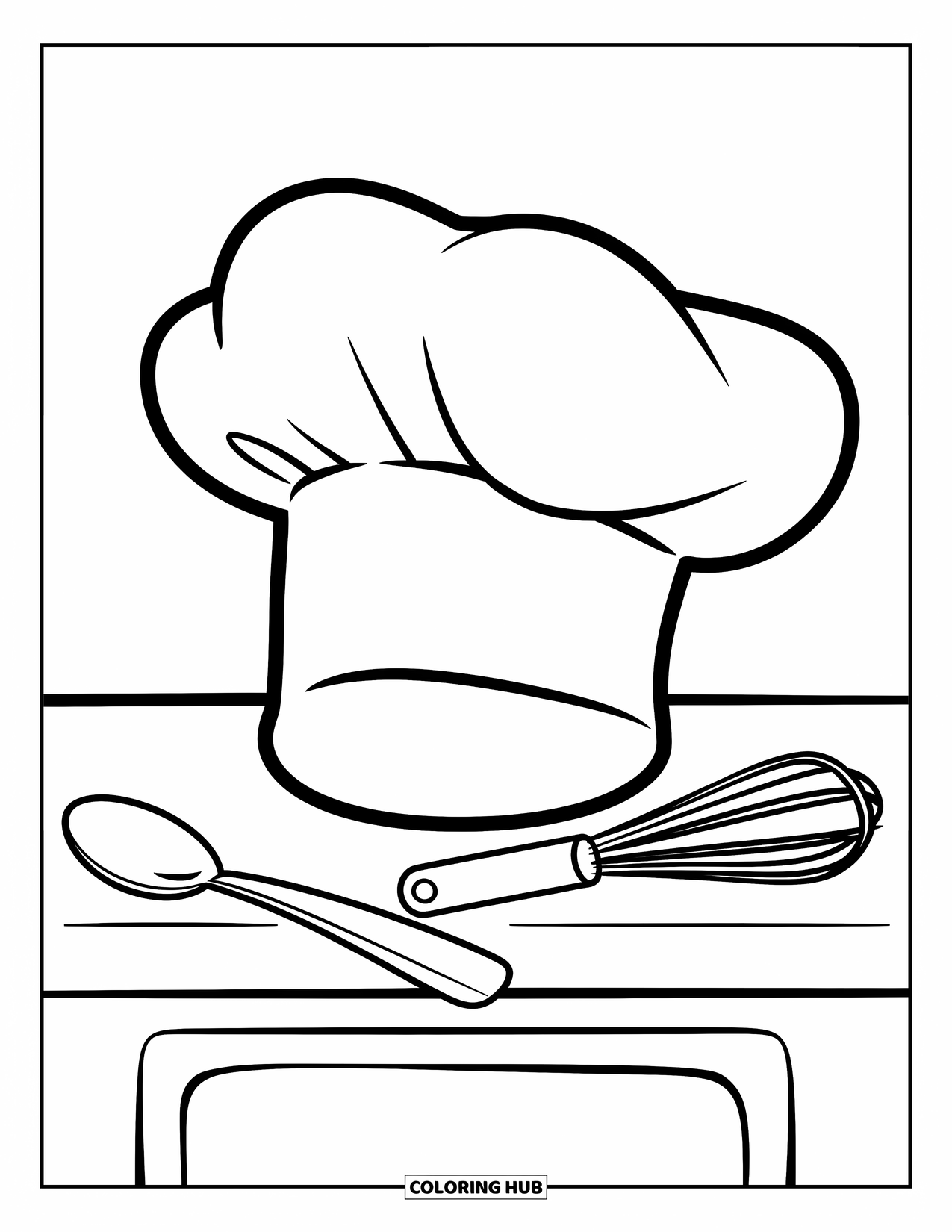 Kitchen Coloring Page for Kids: A smiling chef hat rests on a counter with a spoon and whisk