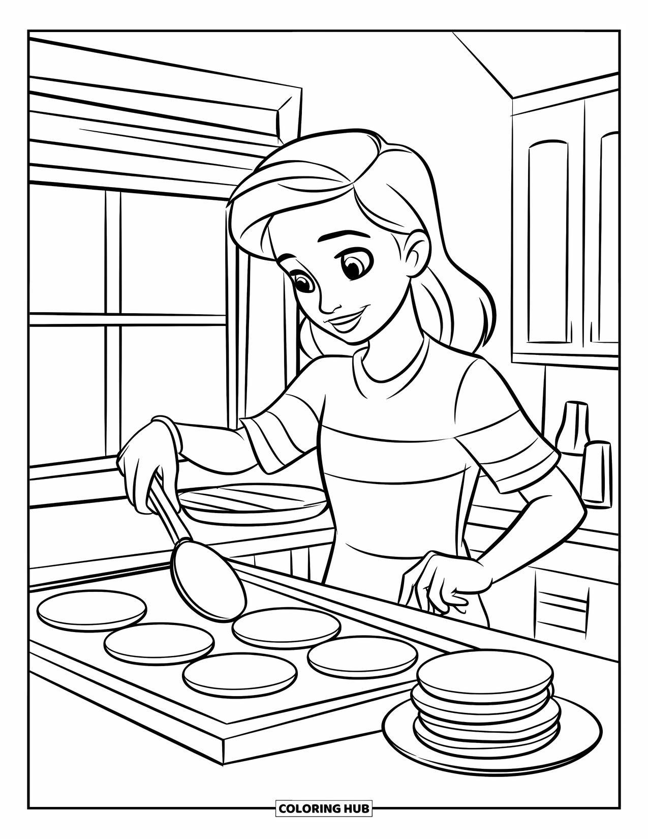 Kitchen Coloring Page for Kids: A smiling teen flips pancakes on a griddle with a cooked stack nearby