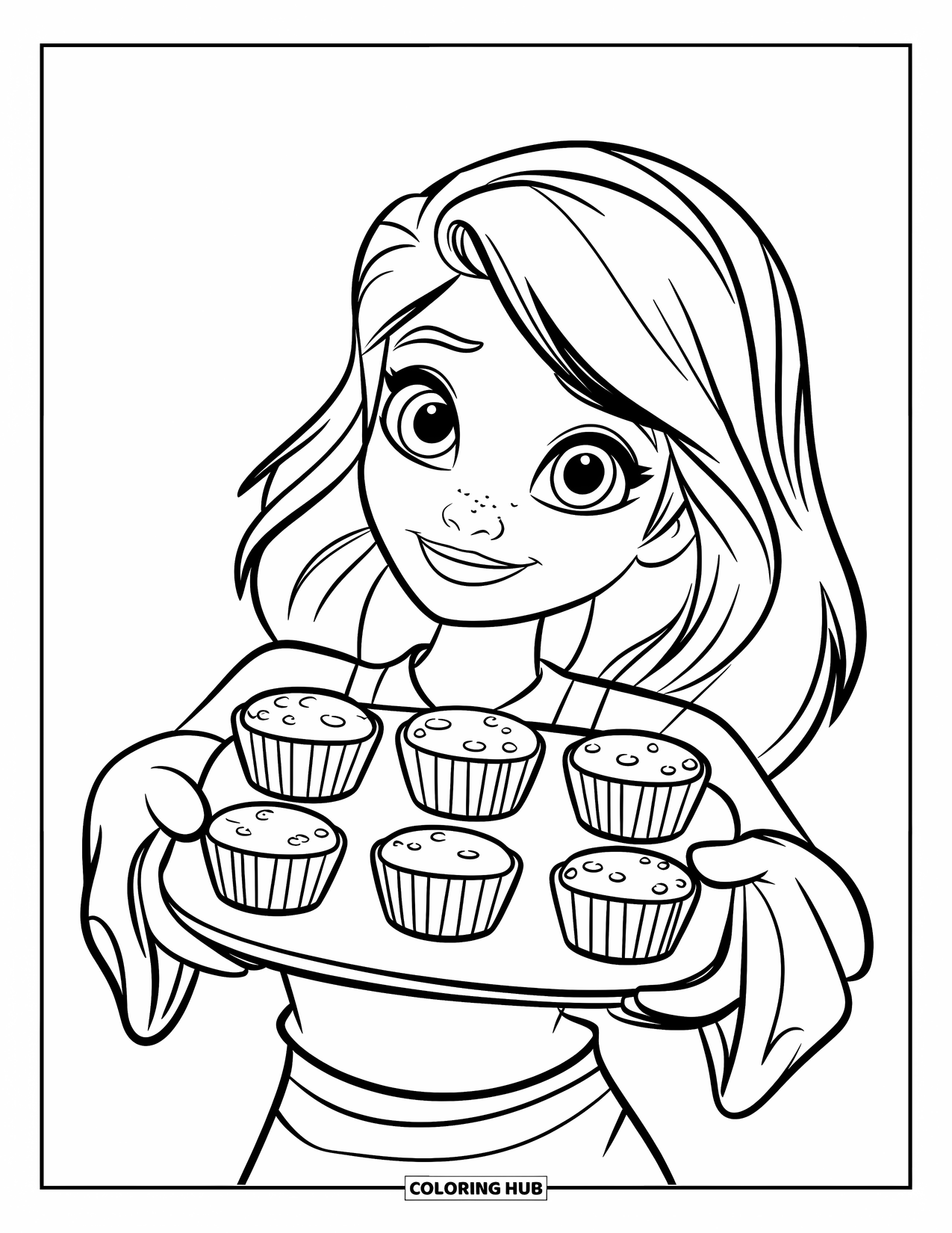 Kitchen Coloring Page for Kids: A smiling teen proudly holds a tray of muffins with oven mitts