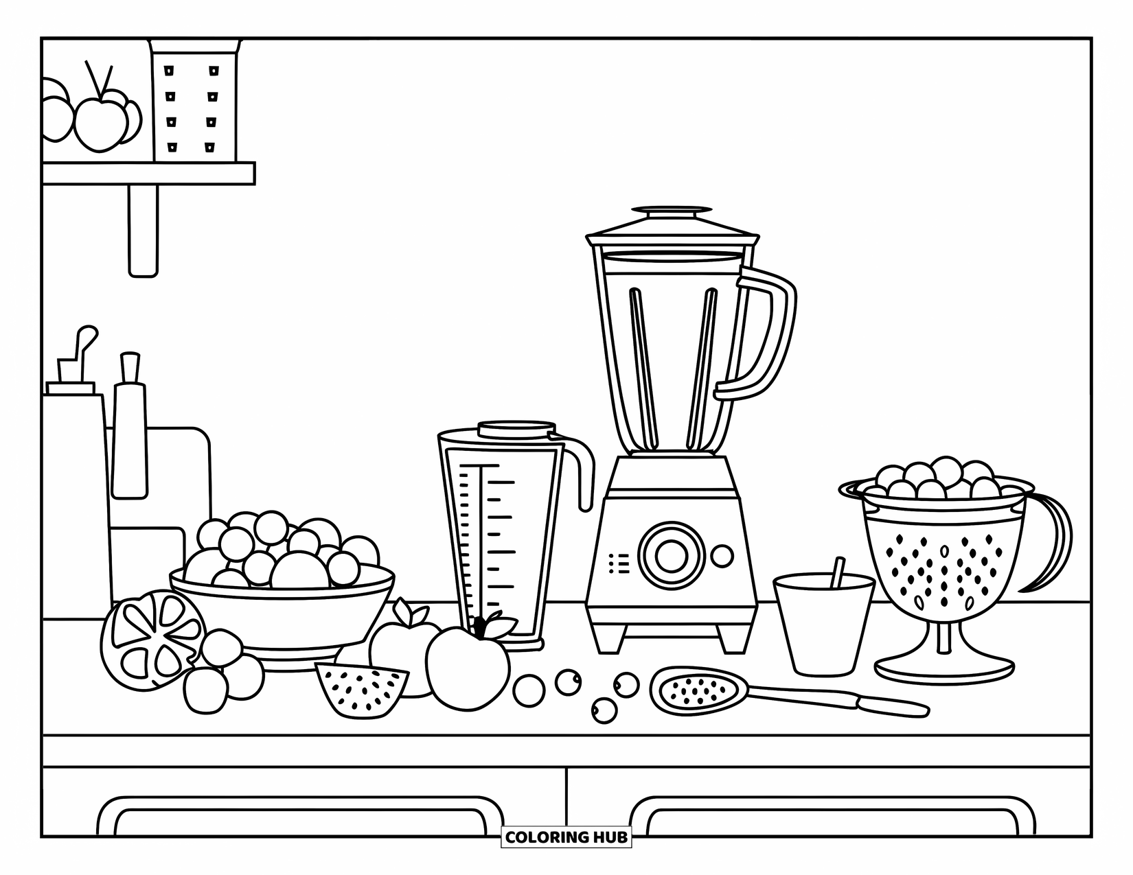 Kitchen Coloring Page for Kids: A smoothie station has a blender, fruits, a strainer, and a measuring cup on the counter