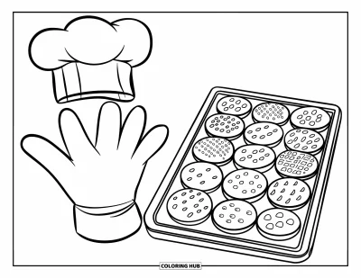 Desen de colorat cu bucătăria pentru copii: O tavă de biscuiți cu sclipici lângă o mănușă de cuptor