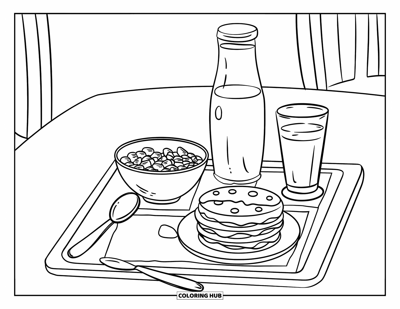 Kitchen Coloring Page for Kids: A tray with cereal, pancakes, and juice sits neatly on a table