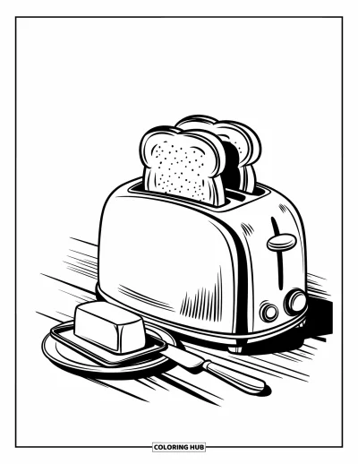 Desen de colorat cu bucătăria pentru copii: Un prăjitor de pâine retro scoate toast lângă o tavă de unt și un cuțit