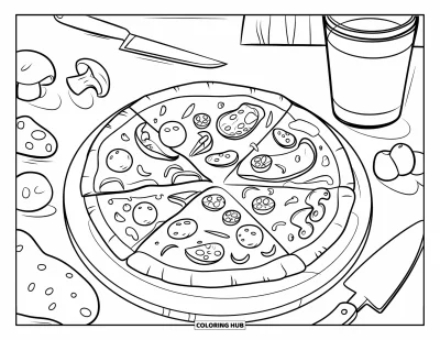 Desen de colorat cu bucătăria pentru copii: Un tocător din lemn cu o pizza înconjurată de toppinguri, aluat și sos