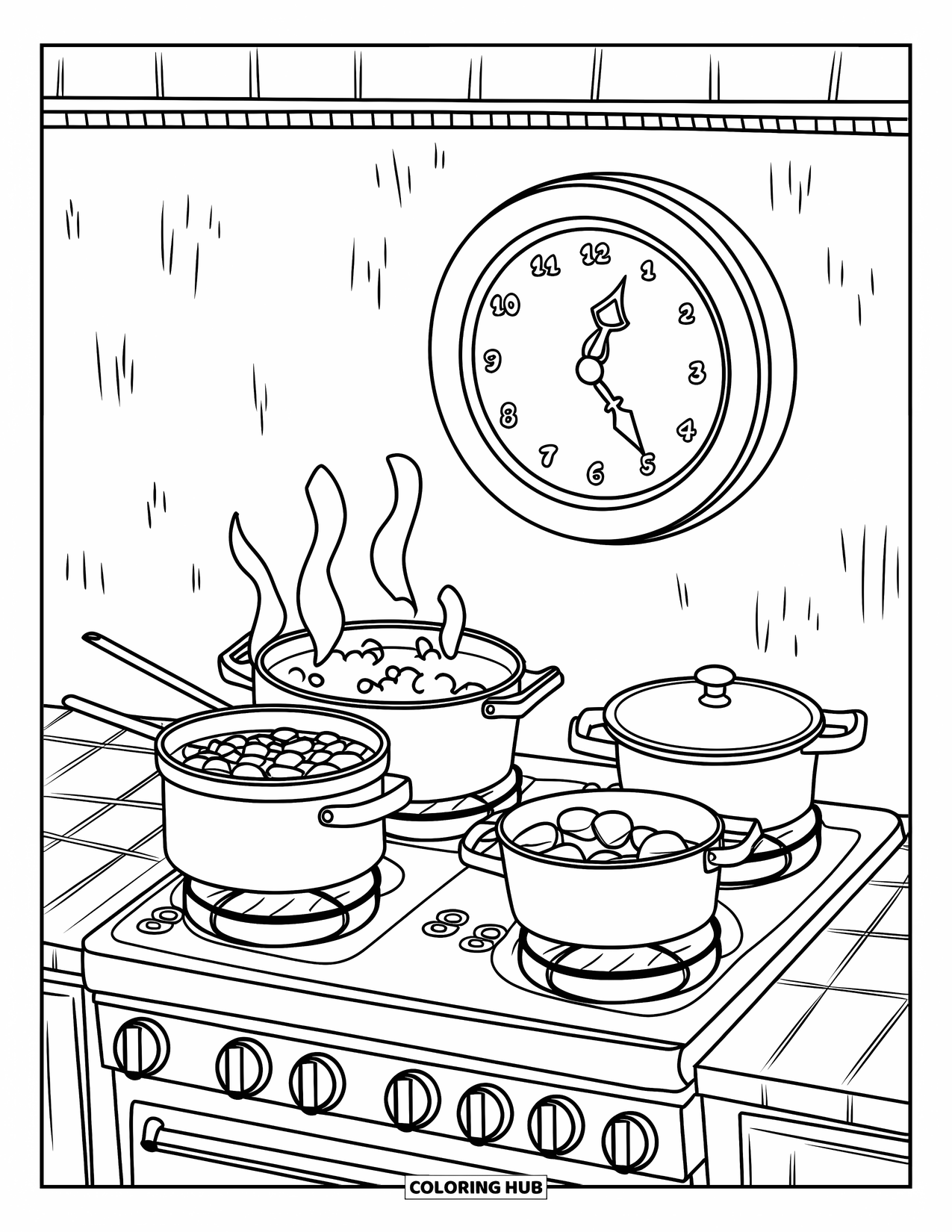 Kitchen Coloring Page for Kids: Boiling pots sit on a stovetop with steam rising under a round clock