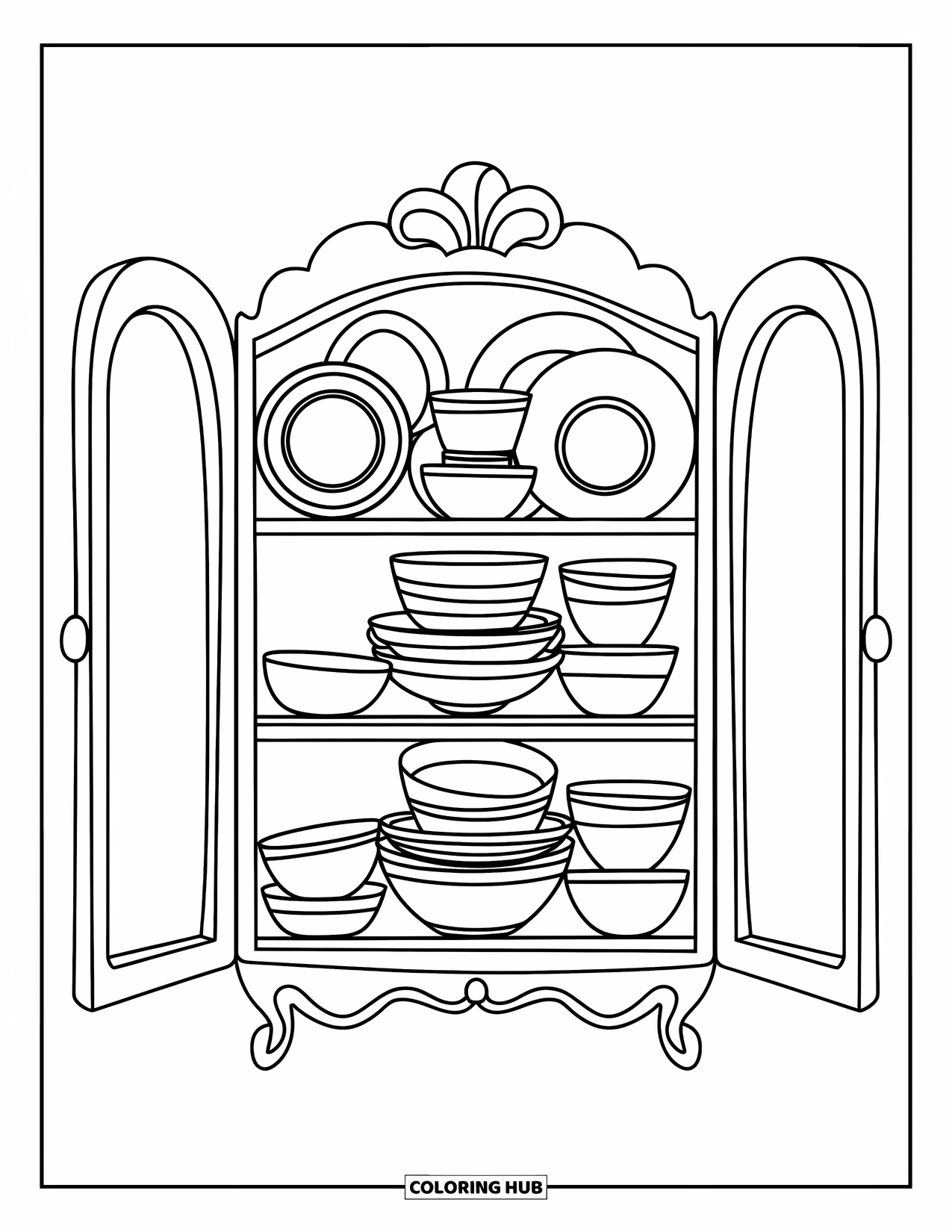 Kitchen Coloring Page for Kids: Bowls, plates, and pots are neatly arranged inside an open cupboard