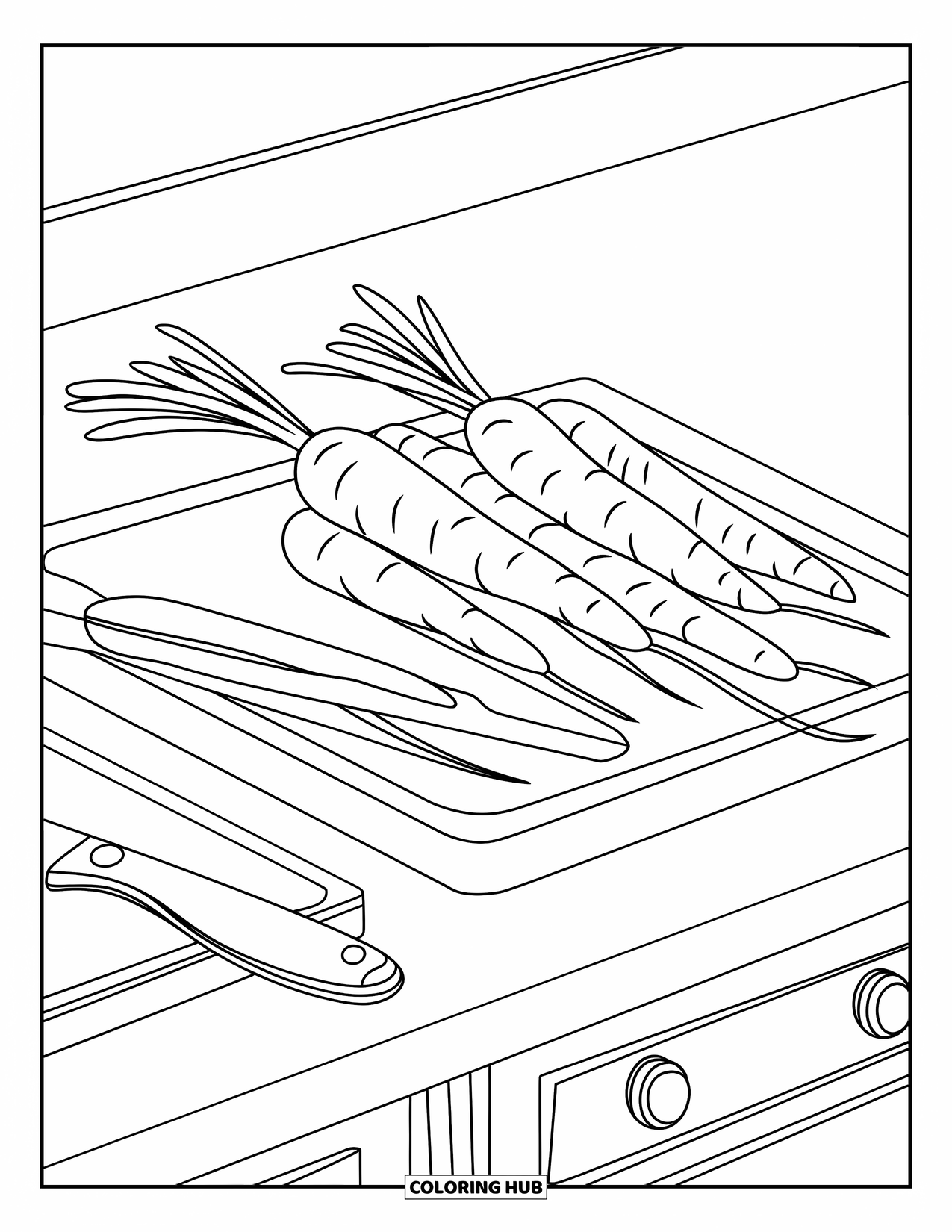 Kitchen Coloring Page for Kids: Carrots and a kitchen knife sit on a cutting board on a clean countertop