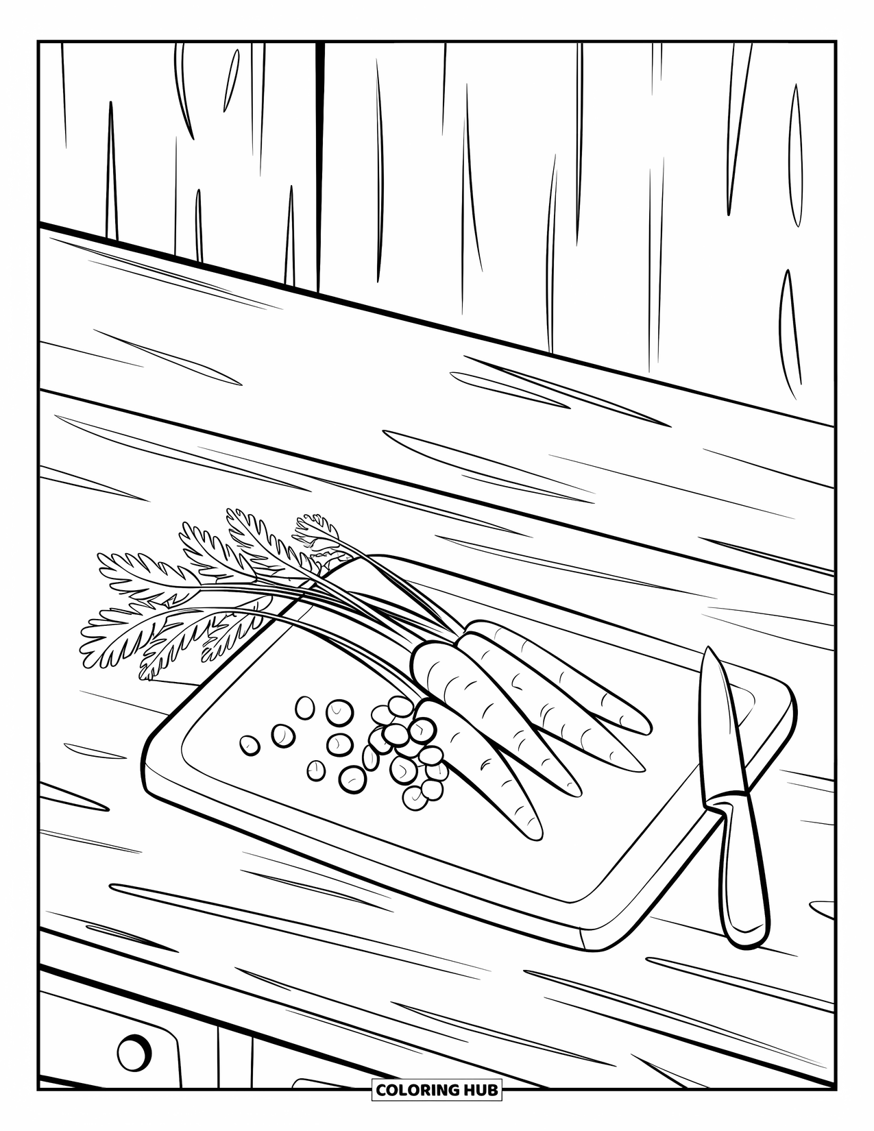 Kitchen Coloring Page for Kids: Chopped carrots rest on a cutting board with a knife nearby on the counter