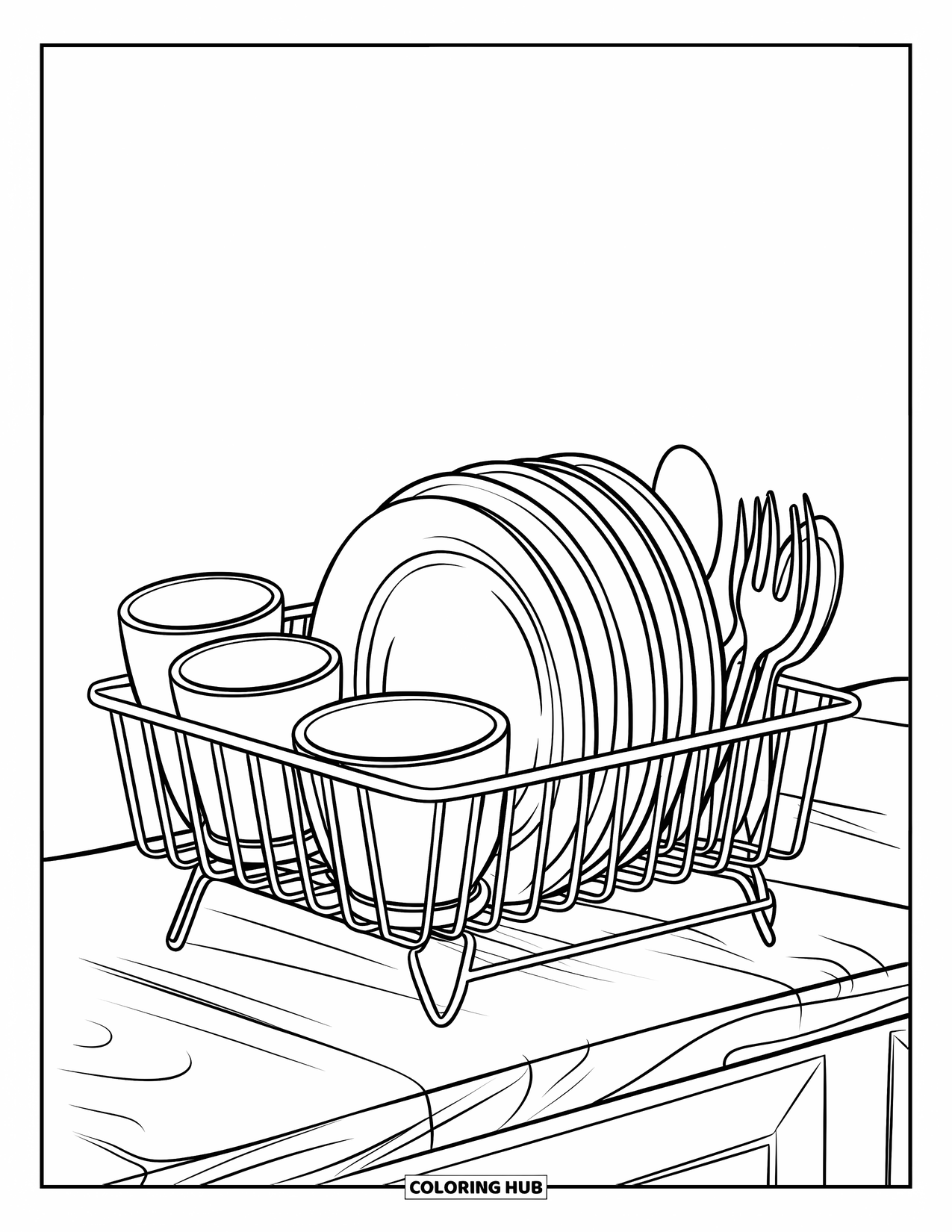 Kitchen Coloring Page for Kids: Clean dishes dry on a rack placed on a wooden surface