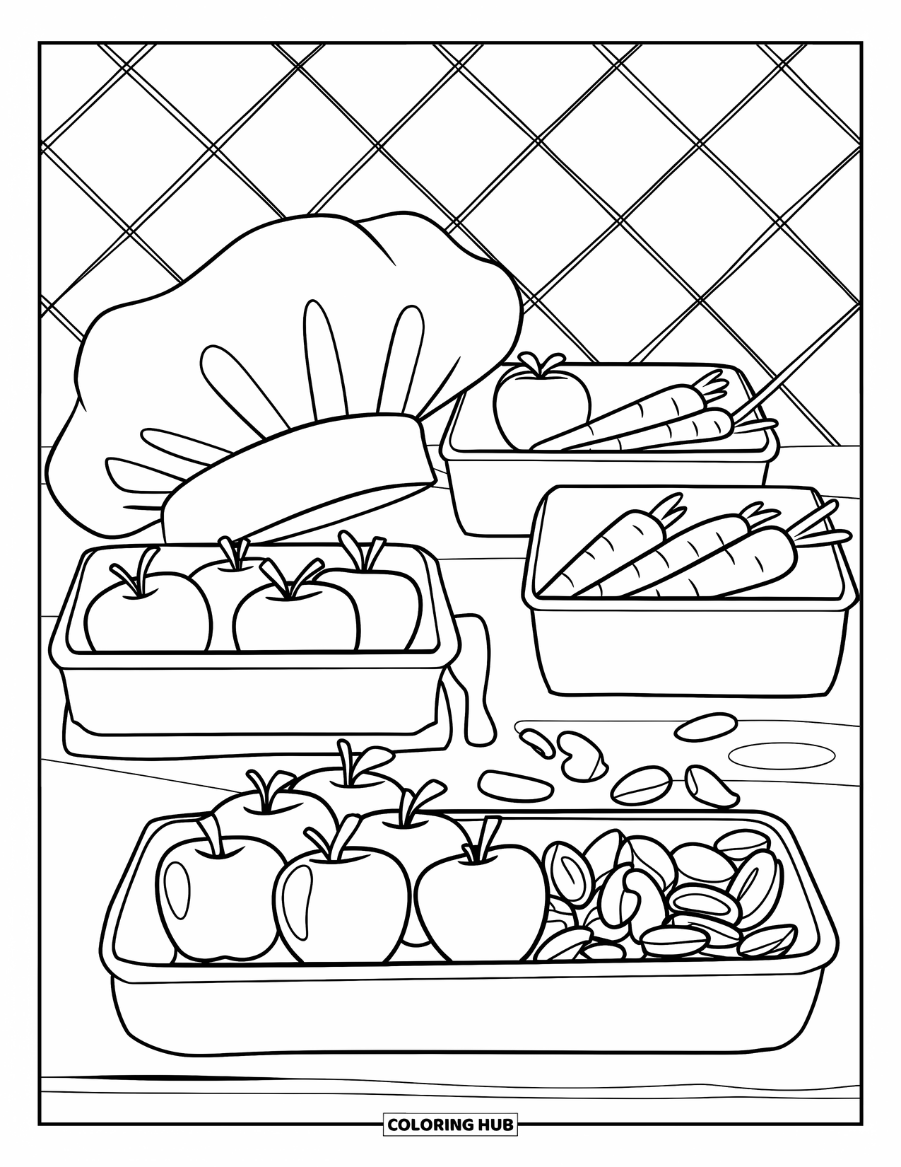 Kitchen Coloring Page for Kids: Containers are filled with healthy snacks in a cheerful meal prep scene