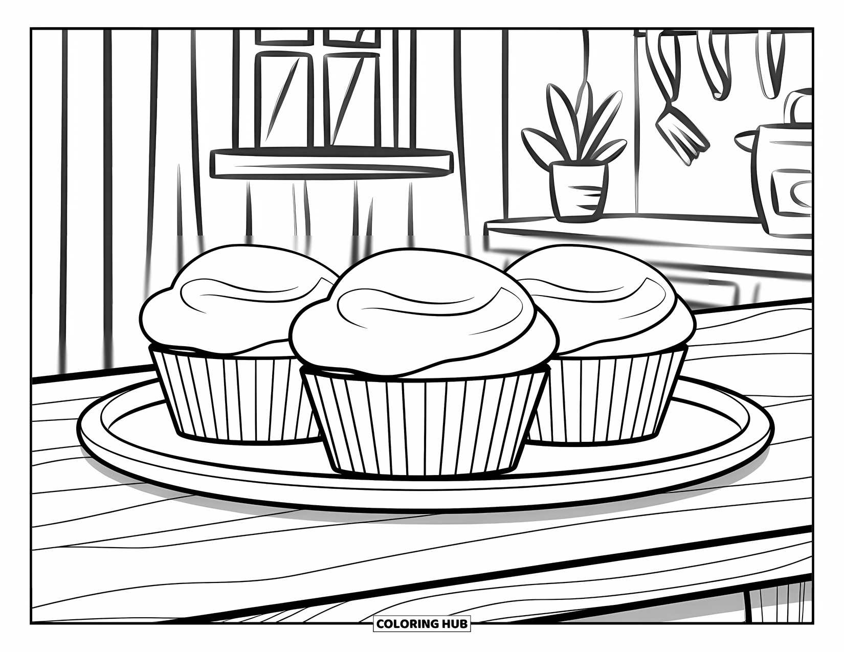 Kitchen Coloring Page for Kids: Cupcakes rest on a tray near a window and potted plant