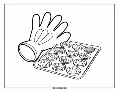Desen de colorat cu bucătăria pentru copii: Biscuiți decorați umplu o tavă lângă o mănușă de cuptor