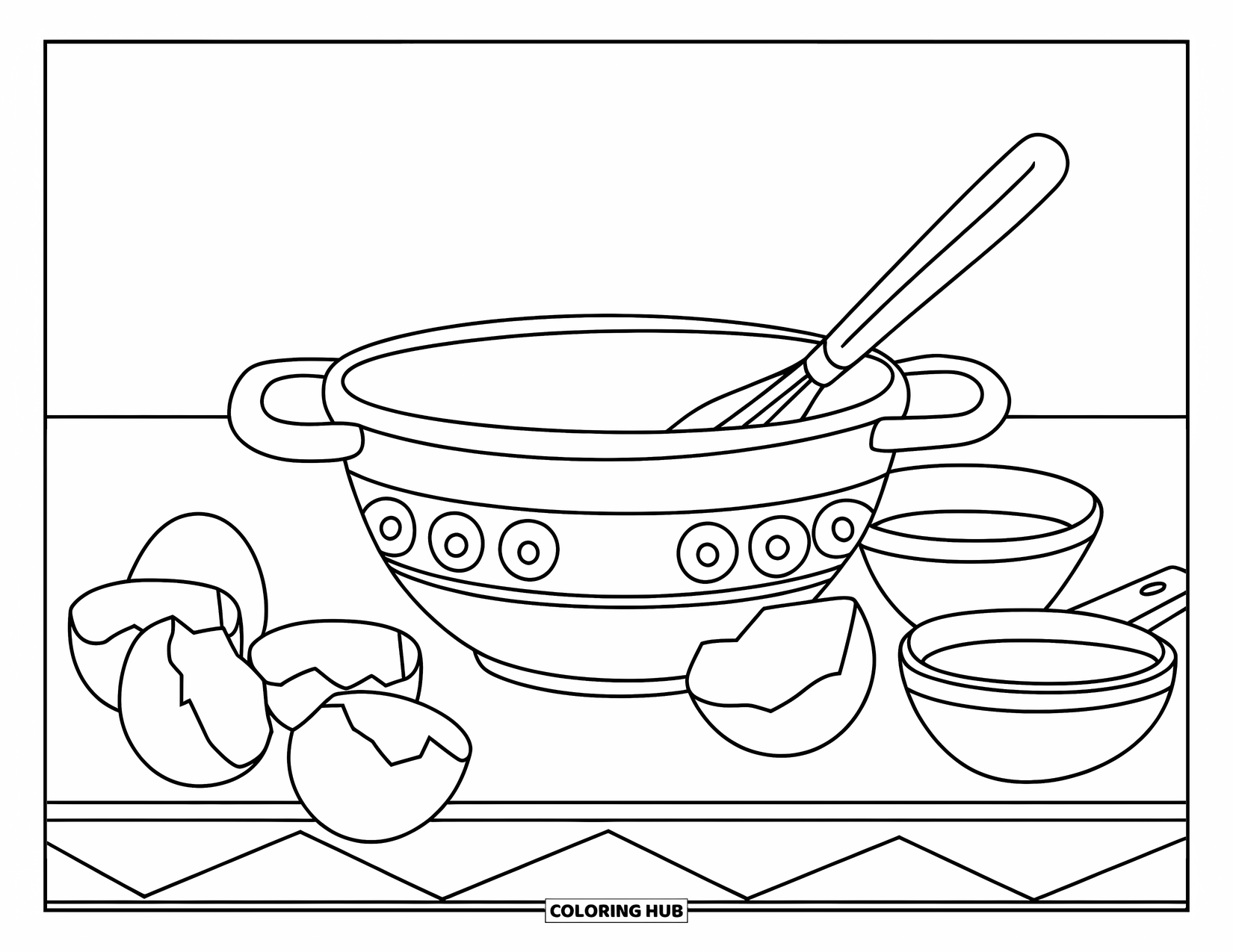 Kitchen Coloring Page for Kids: Eggshells and measuring cups surround a mixing bowl on the table