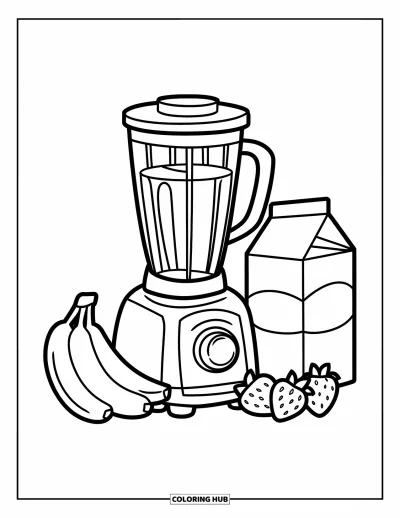 Desen de colorat cu bucătăria pentru copii: Fructe înconjoară un blender în funcțiune cu un carton de lapte alături pe blat