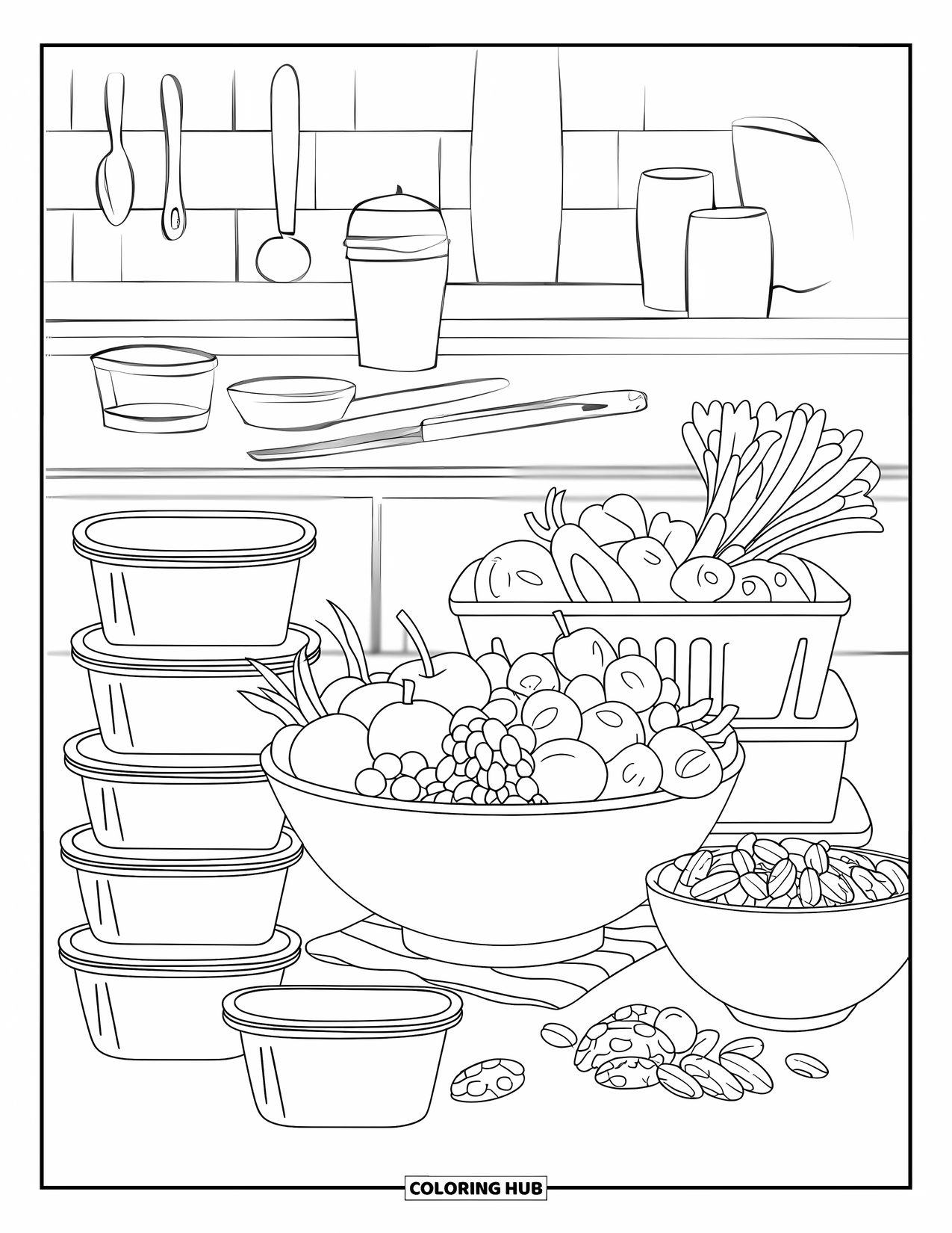Kitchen Coloring Page for Kids: Fruits, vegetables, and nuts are arranged in bowls and containers for meal prep