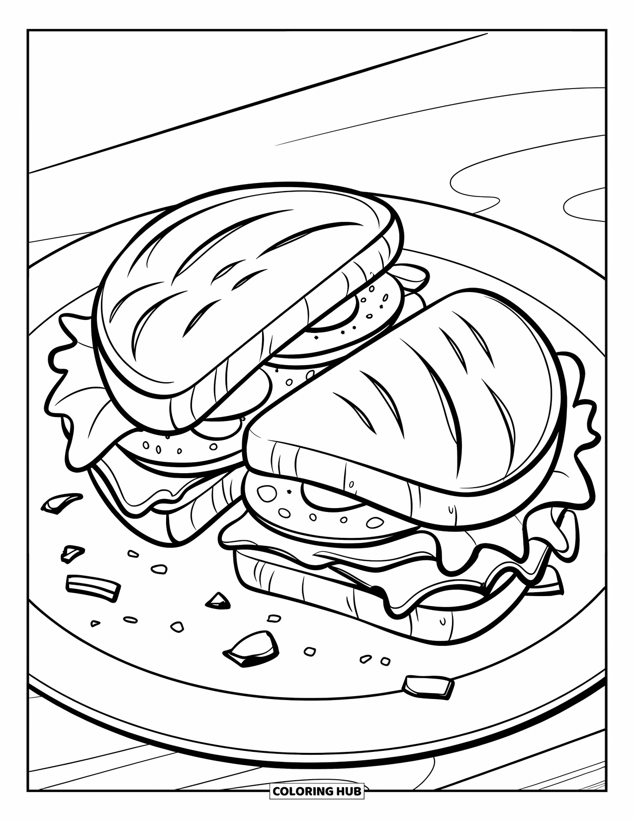 Kitchen Coloring Page for Kids: Halved sandwich with tomato and lettuce rests on a crumb-dotted plate